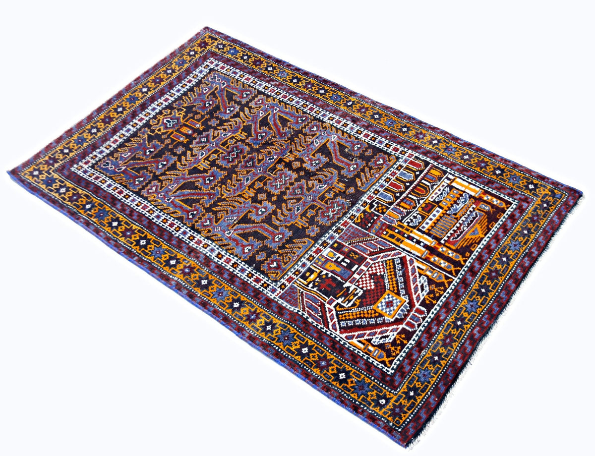 Vintage Afghan Baluch rug with geometric medallions and tribal motifs in deep earthy tones on a hand-spun wool pile.