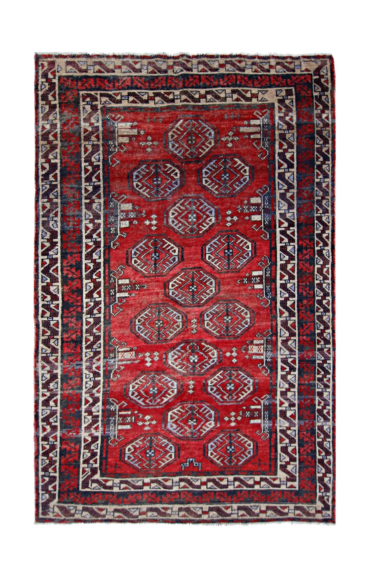 Vintage Afghan Baluch rug with a deep red field, geometric medallions, and a dark blue patterned border with fringe.