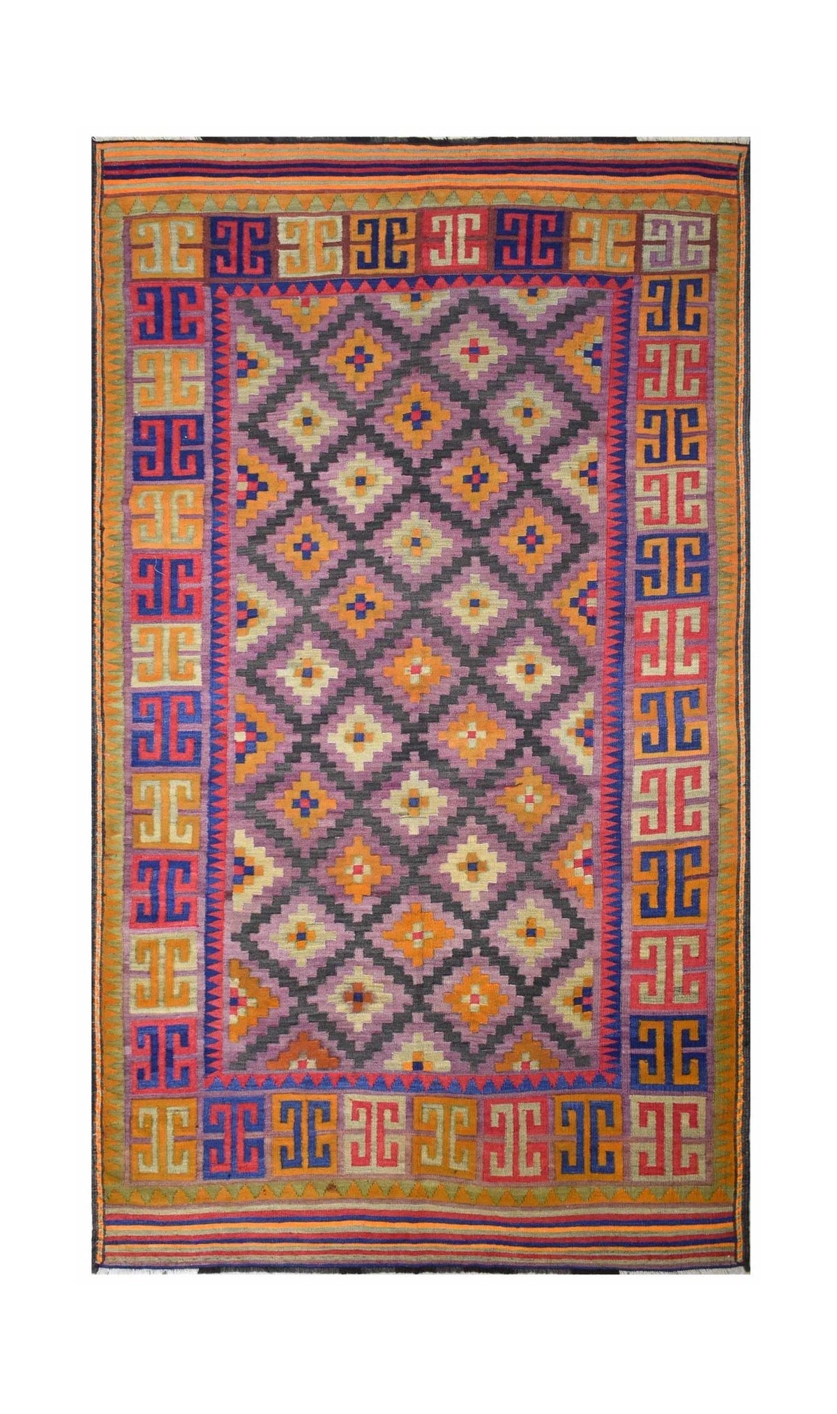 Vintage Afghan Faryab kilim with a purple diamond lattice pattern, orange hooked motifs, and a colourful geometric border.
