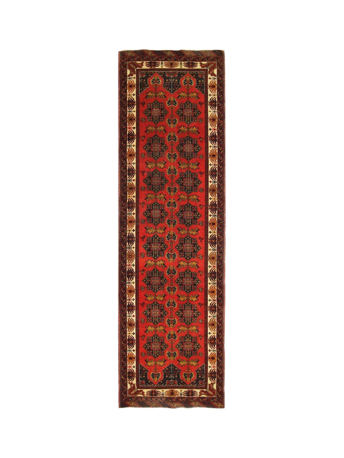 Vintage Afghan runner with a vibrant red field, repeating dark medallions, and a detailed cream and brown border.