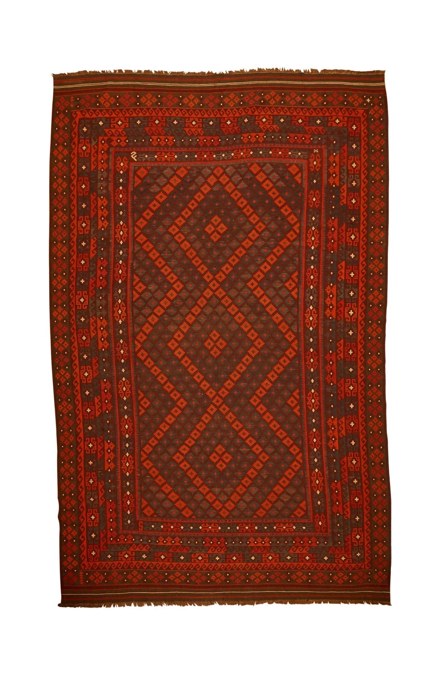 A vintage Afghan Maimana kilim rug featuring a dark brown field with geometric red diamond patterns.