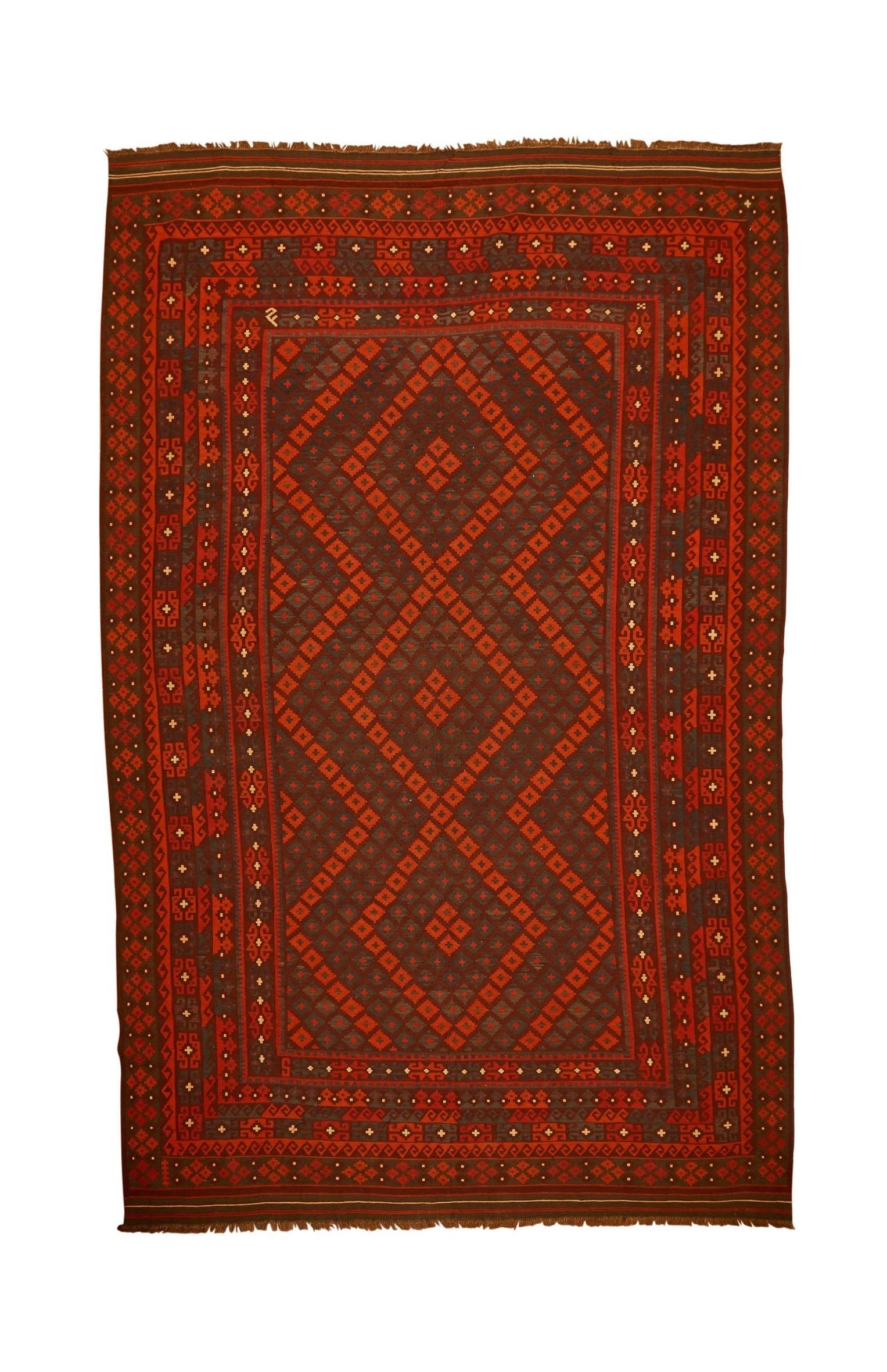 A vintage Afghan Maimana kilim rug featuring a dark brown field with geometric red diamond patterns.