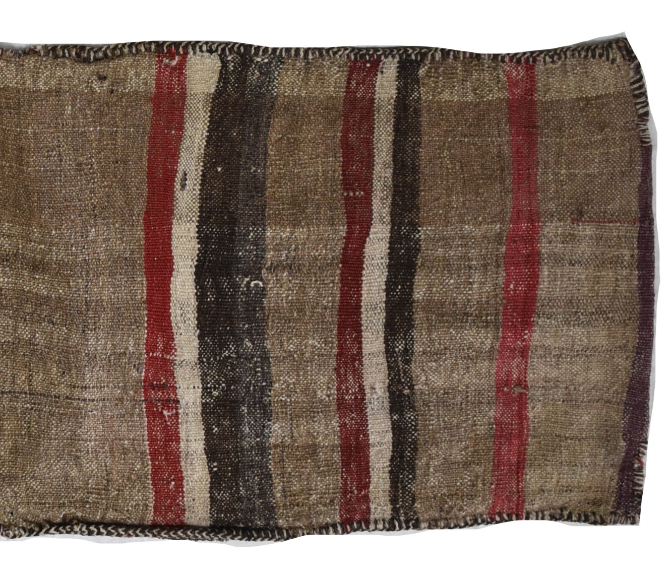 A vintage handmade Afghan wool saddle bag featuring a striped pattern in brown, red, and cream.