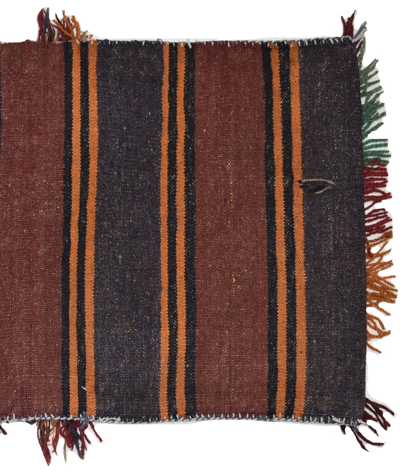 A vintage handmade Afghan wool saddle bag featuring vertical stripes in brown, black, and orange.