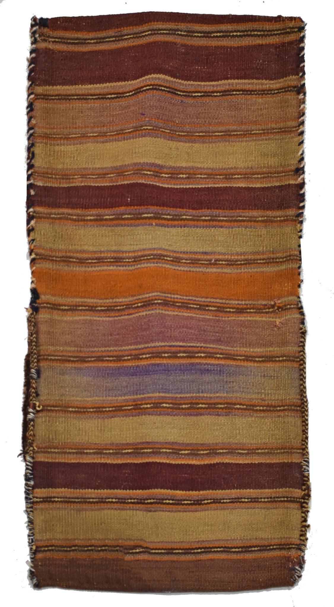 A vintage handmade Afghan wool saddle bag featuring horizontal stripes in earthy tones.