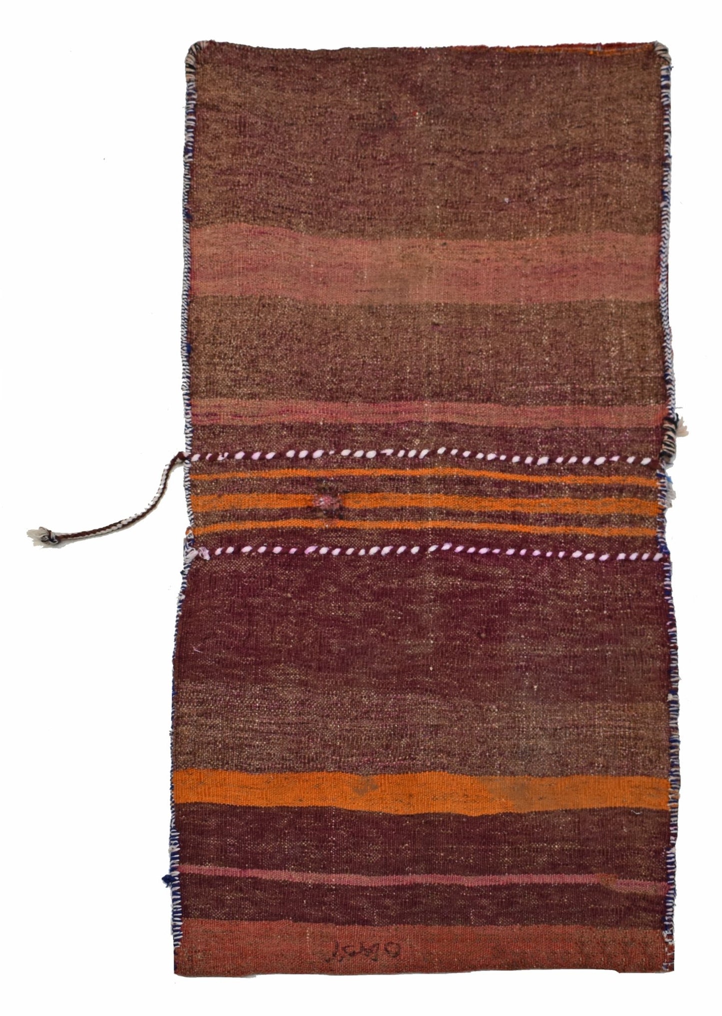A vintage handmade Afghan wool saddle bag featuring horizontal stripes in brown and orange.