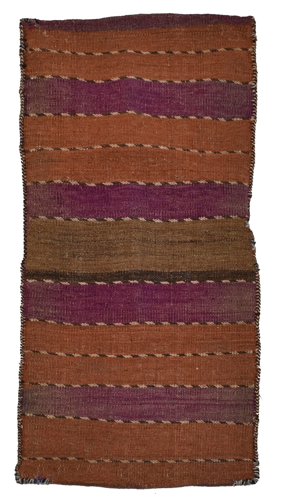 A vintage Afghan saddle bag featuring horizontal stripes in shades of brown and purple.