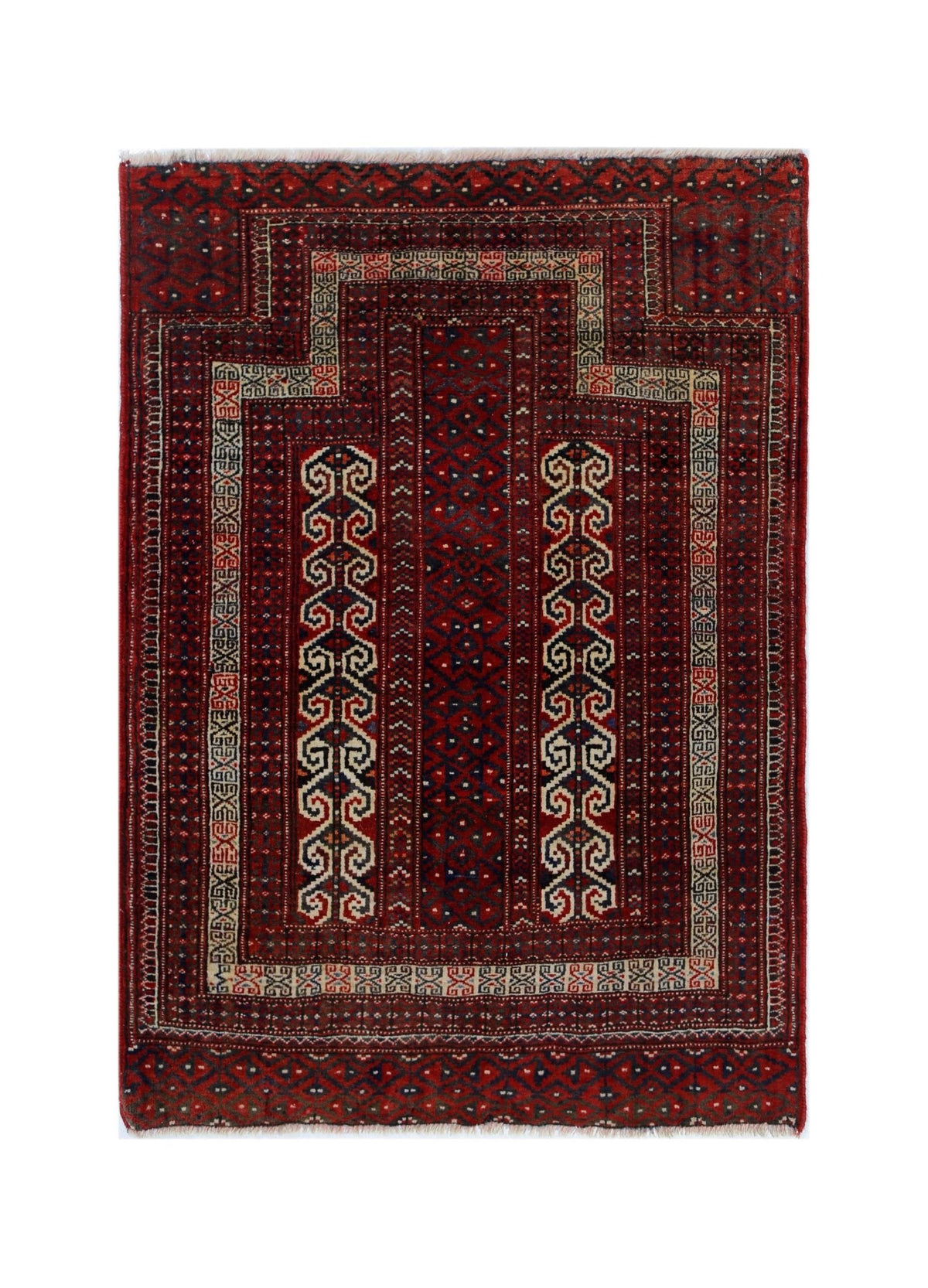 Handmade Vintage Afghan Turkmen Prayer Rug | 117 x 83 cm | 3'10" x 2'9" - Najaf Rugs & Textile