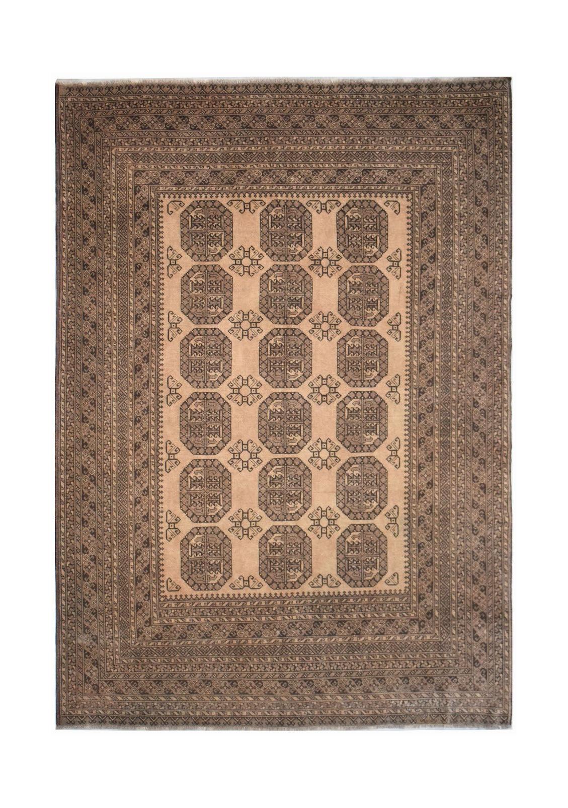 A vintage handmade Afghan Turkmen rug featuring a repeating octagonal pattern in brown and tan.