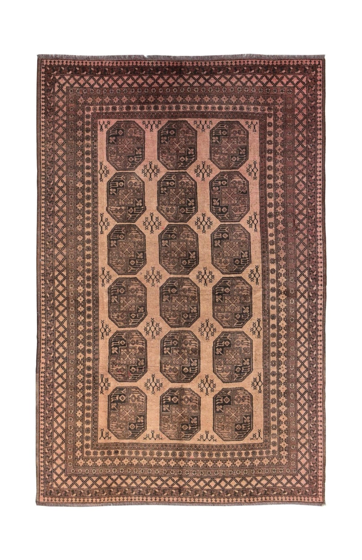 A vintage handmade Afghan Turkmen rug featuring repeating octagonal motifs in brown and tan tones.