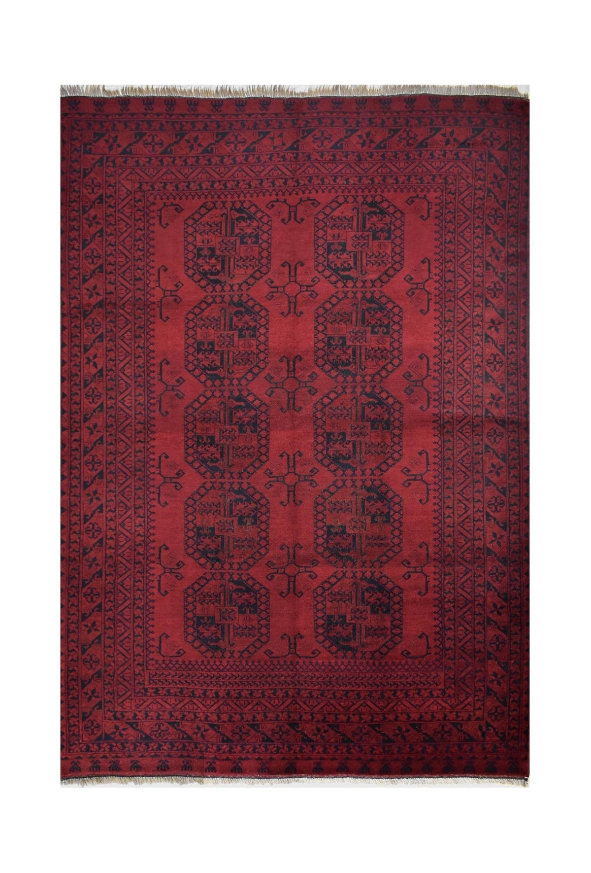 A vintage handmade Afghan Turkmen rug featuring geometric patterns in deep red and black wool.