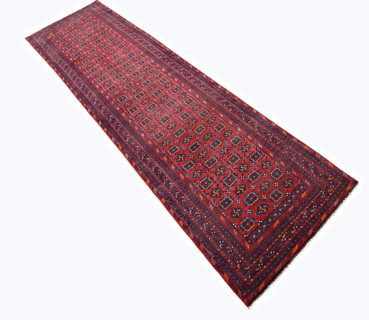 Hand-knotted Afghan Turkmen runner in deep red wool with repeating dark blue and cream gul medallions.
