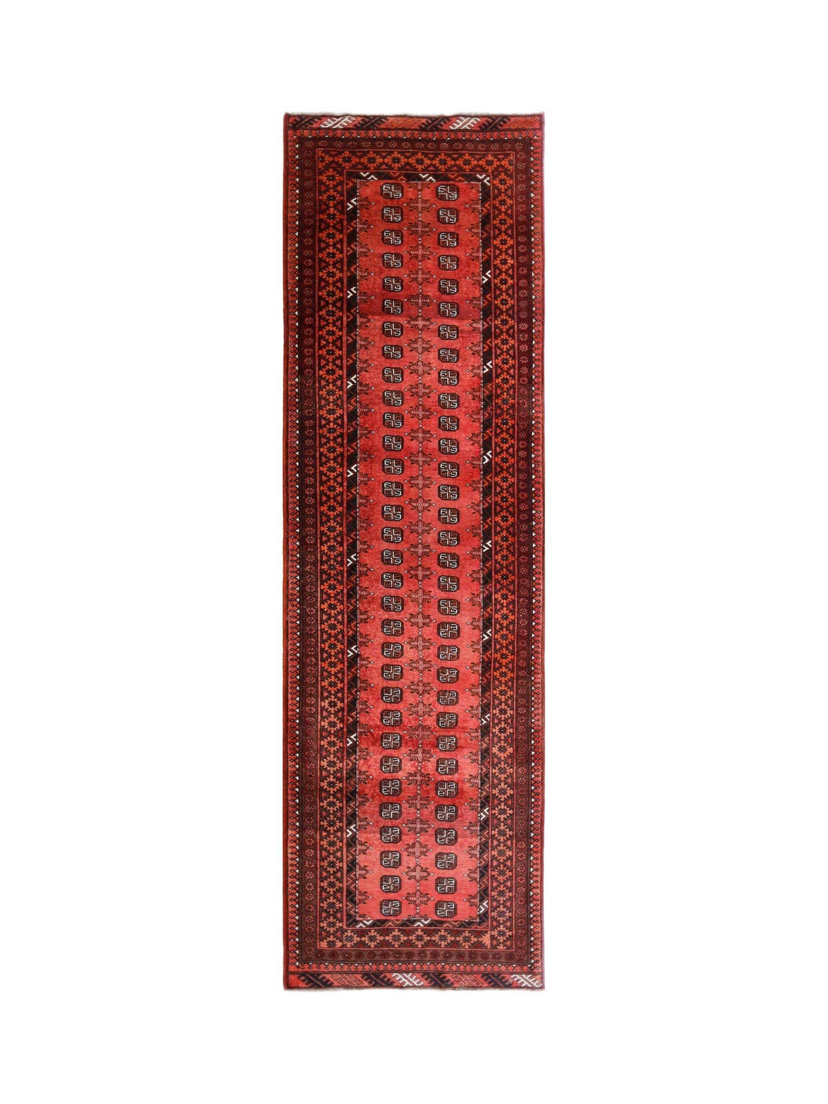 Hand-knotted Afghan Turkmen runner in deep red wool with repeating black and white gul medallions and intricate borders.