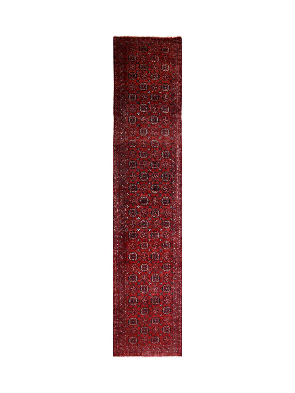 Hand-knotted Afghan Turkmen wool runner featuring deep red tones and repeating dark gul medallions with fringed ends.