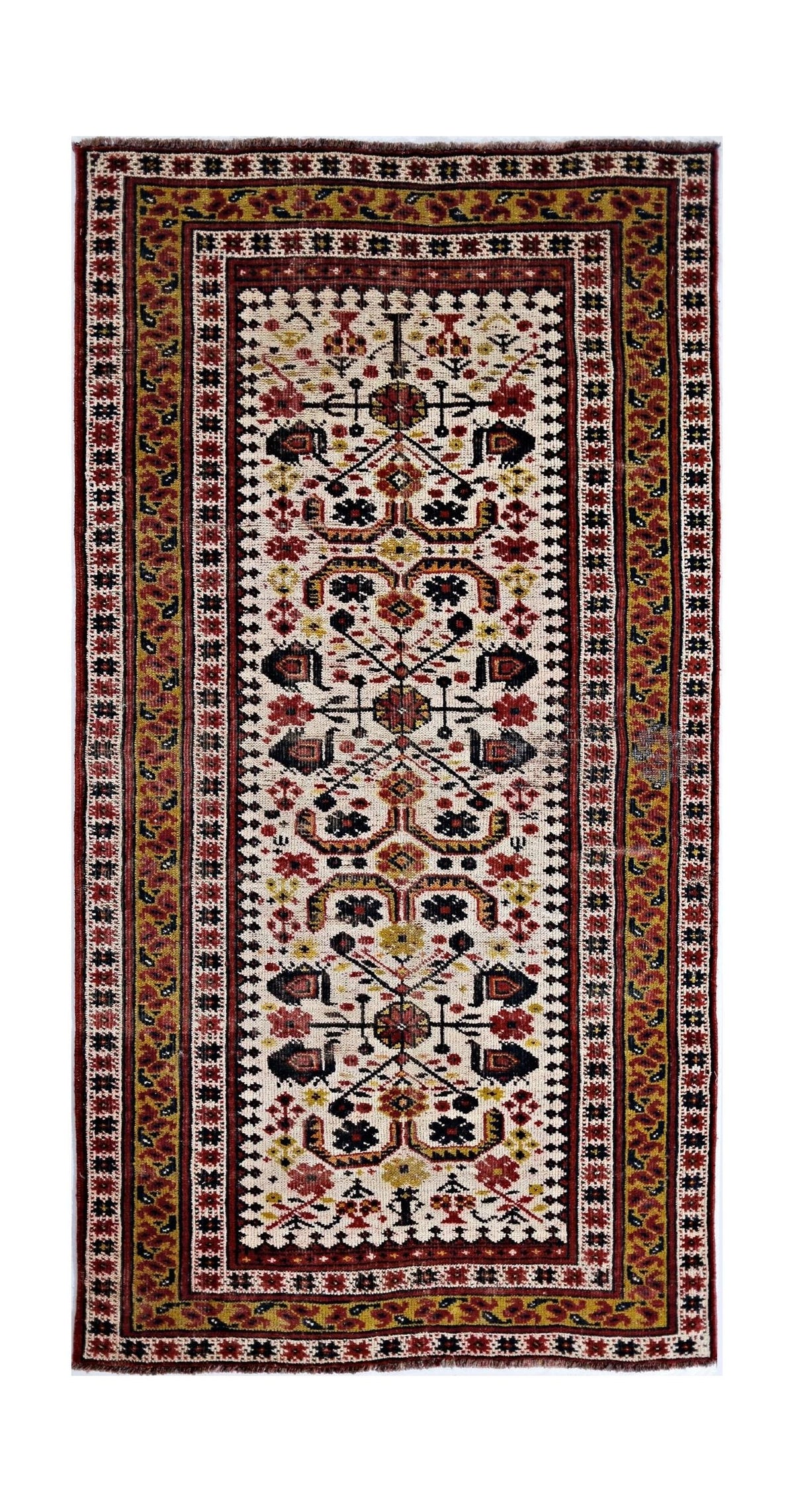 Vintage Caucasian Kazak rug with red, black, and yellow geometric medallions on a cream field and decorative borders.