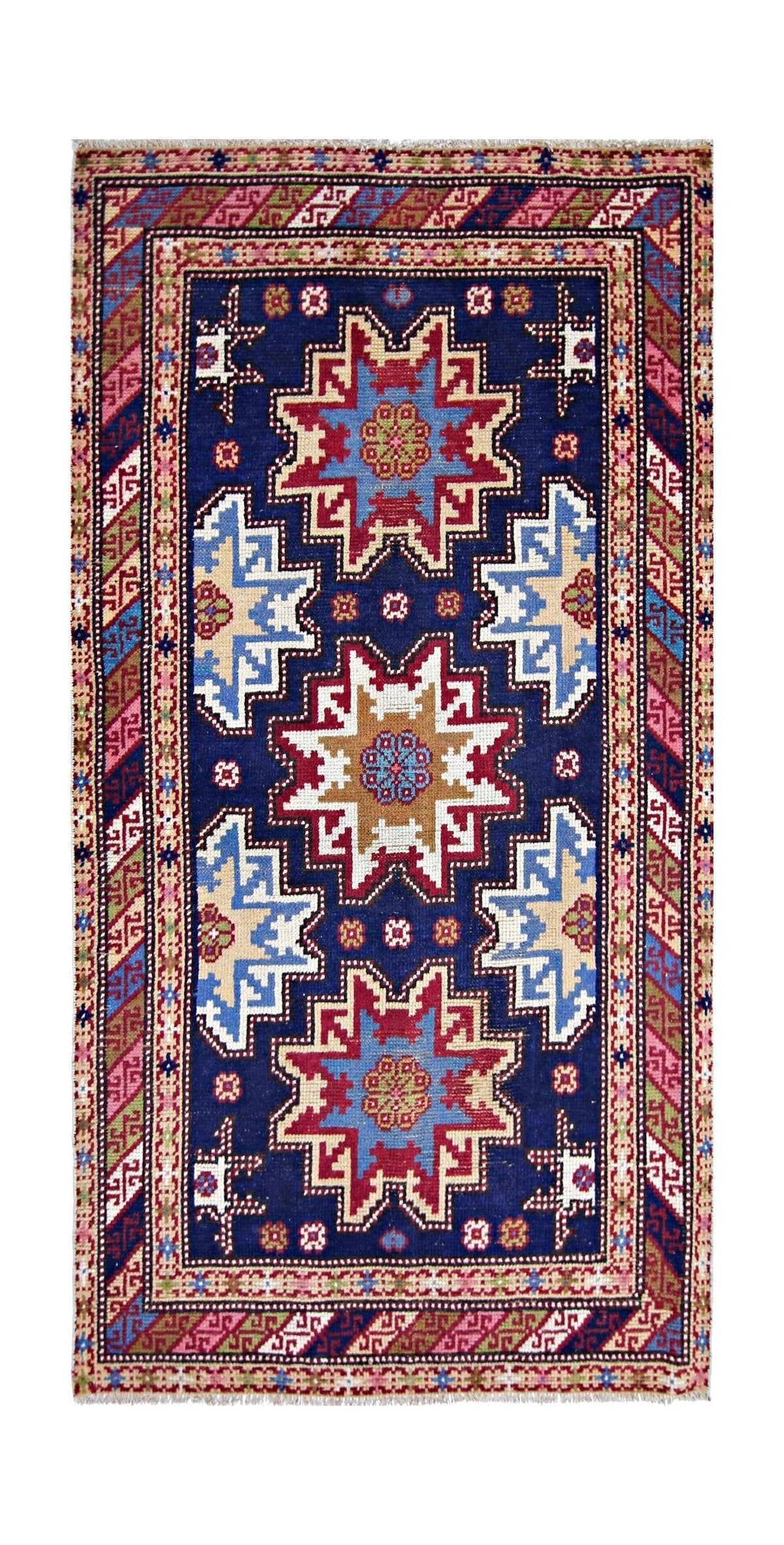 Vintage Caucasian Kazak rug with three large geometric medallions in red, blue, and cream on a deep blue field.