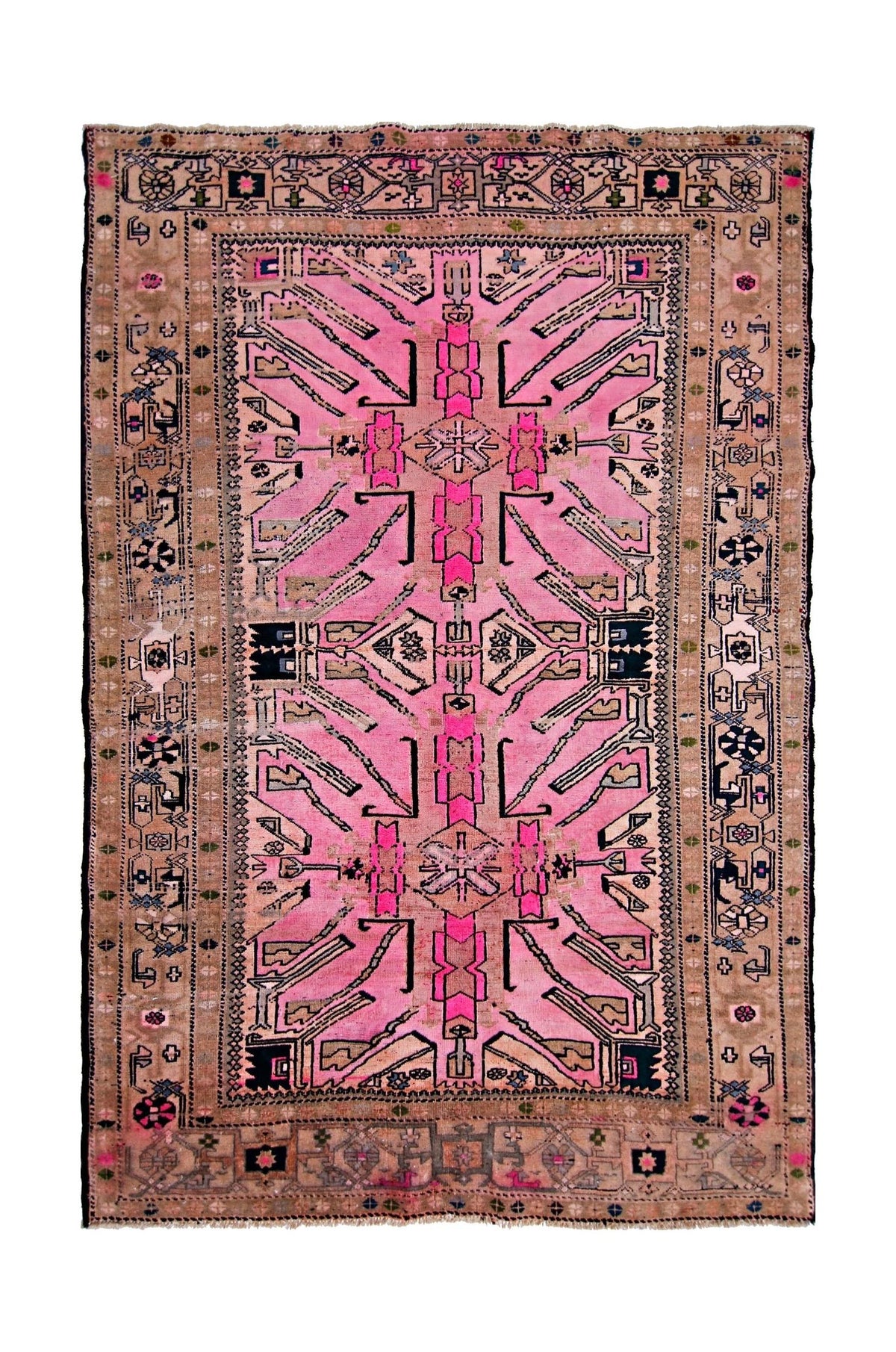 Vintage Caucasian Kazak rug with a bold pink central field, geometric medallions, and a detailed beige border with fringe.