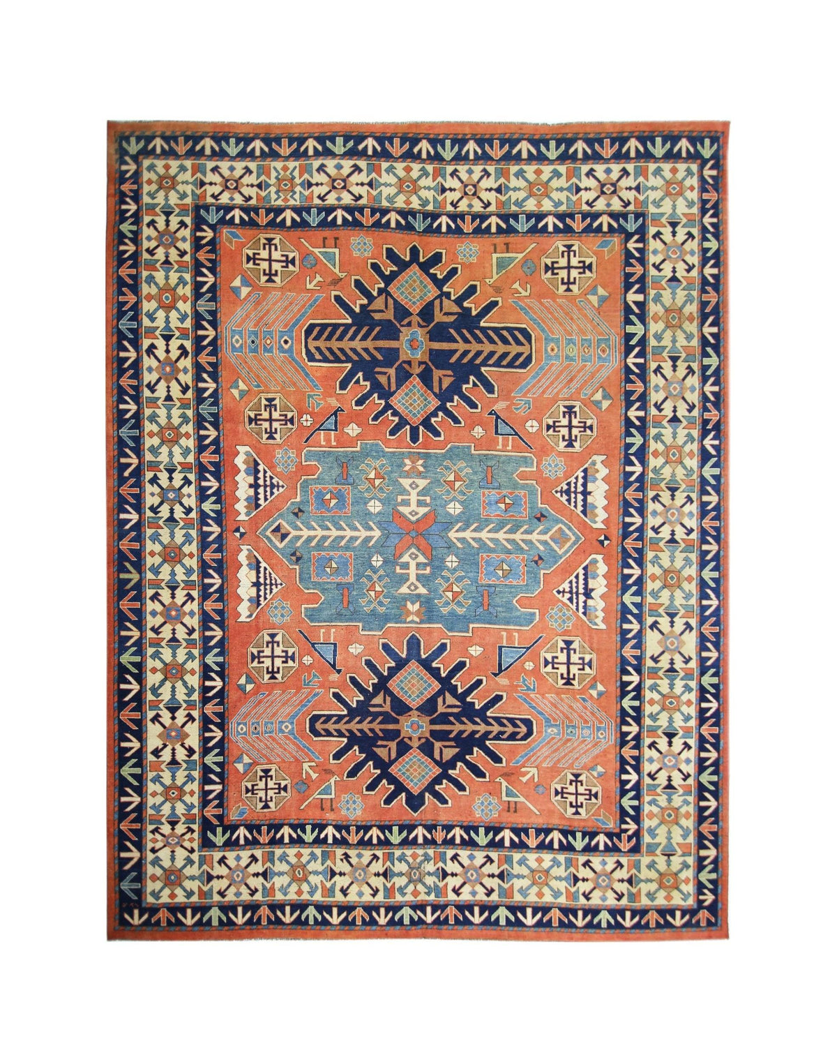 Vintage Caucasian Kazak rug featuring bold blue and red geometric medallions, hooked motifs, and intricate patterned borders.
