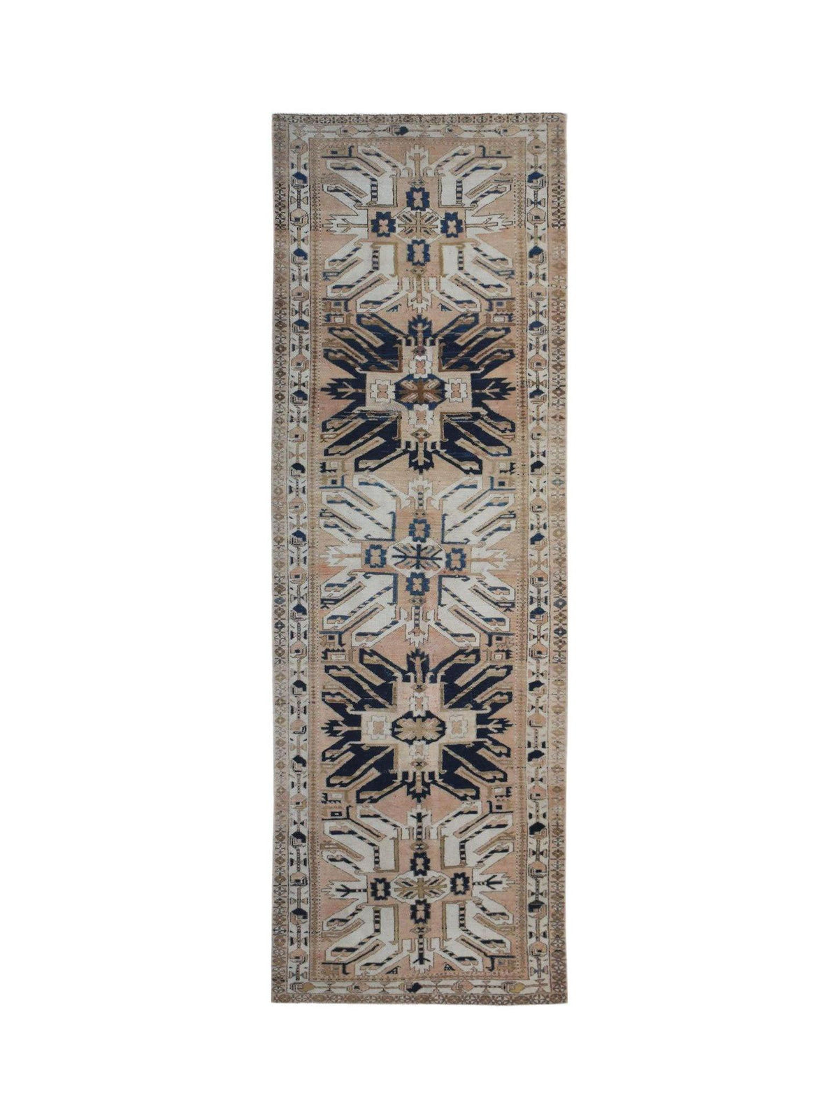 A vintage handmade Caucasian runner rug featuring a traditional eagle Kazak pattern in blue and tan.