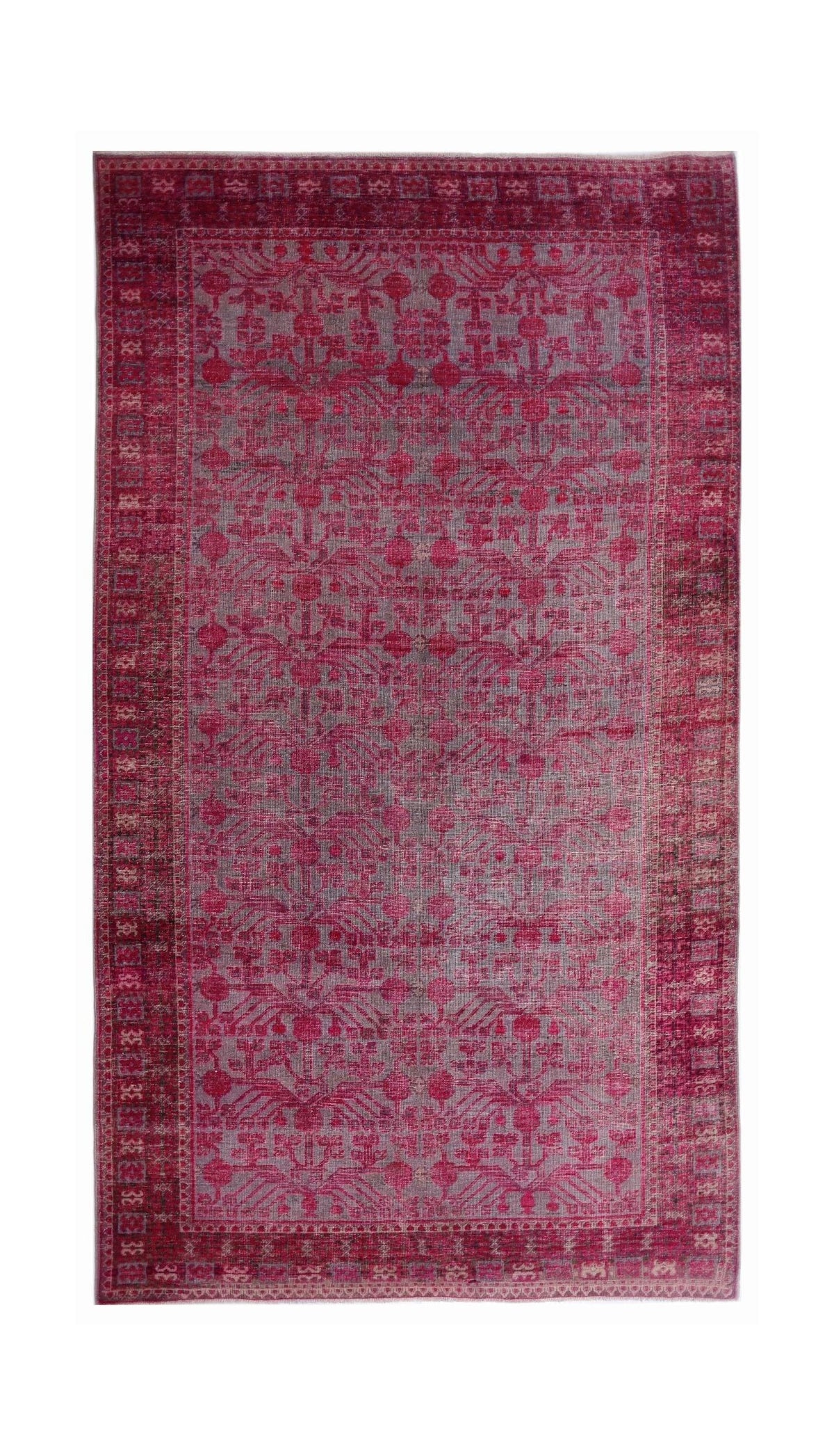Hand-knotted vintage Khotan wool rug in magenta and grey with geometric patterns and a decorative border.