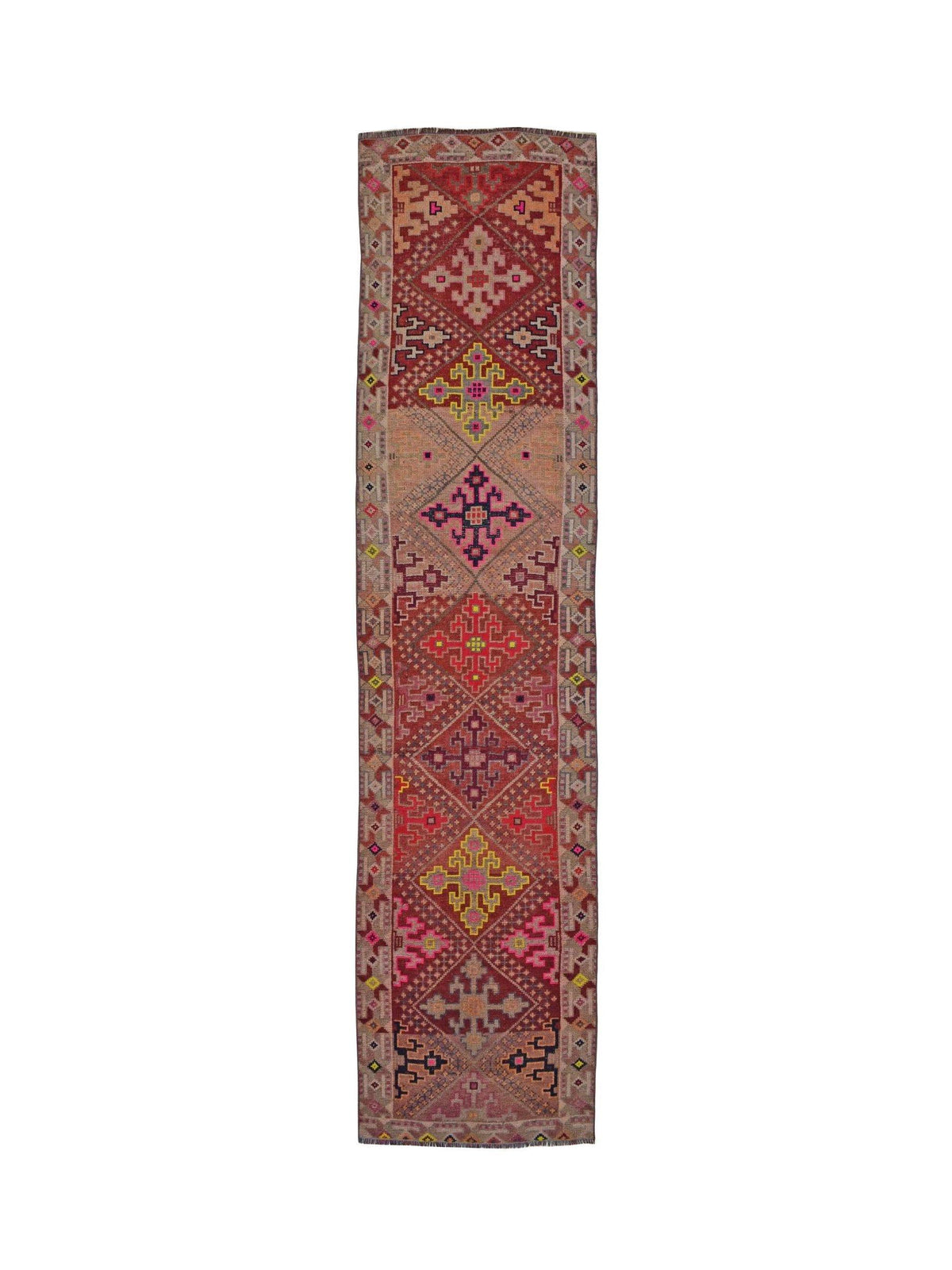 A vintage Kurdish Herki runner featuring geometric tribal motifs in vibrant wool and nylon.