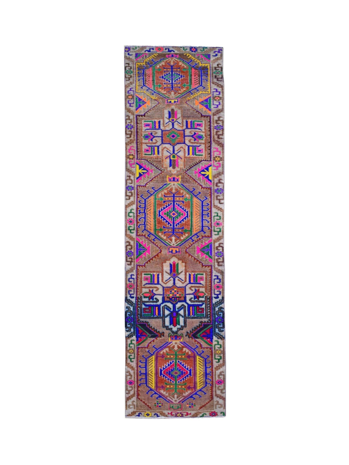 Vintage Turkish Herki runner featuring bold geometric medallions and tribal symbols in vibrant, luminous wool and nylon.