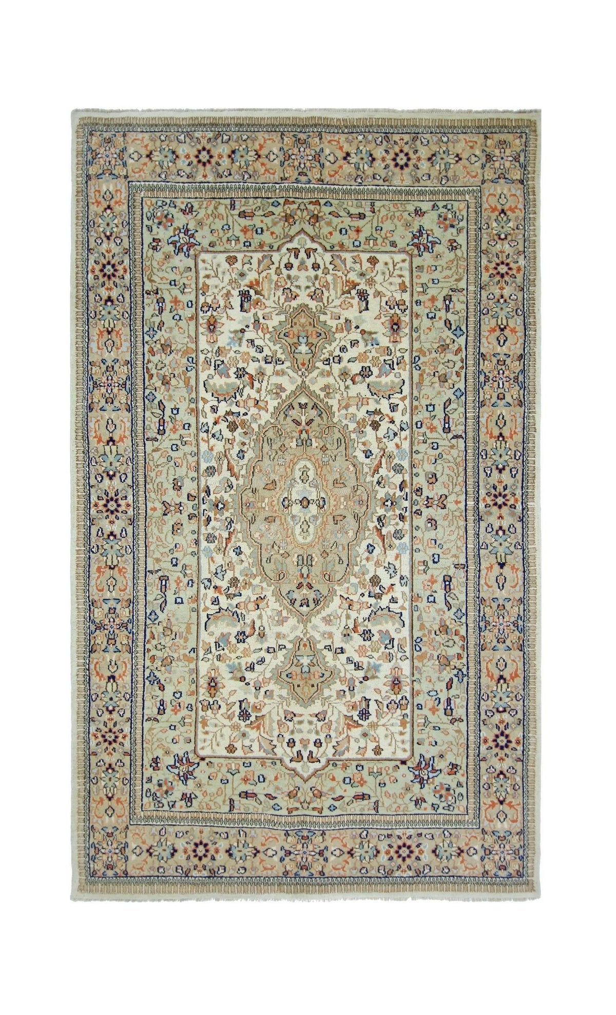 A vintage Pakistani wool rug featuring a central medallion and intricate floral patterns.