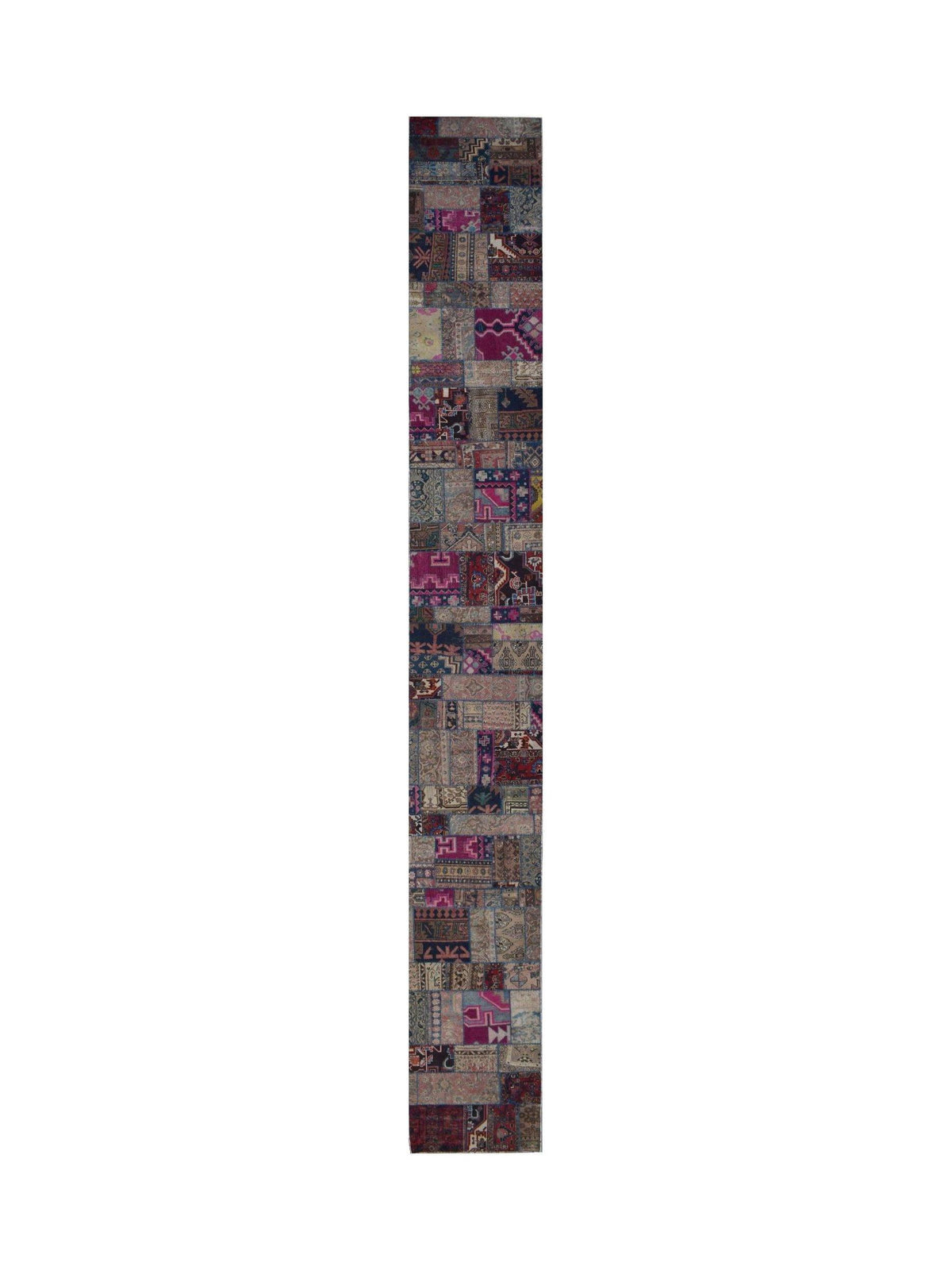 Long vintage Persian patchwork runner featuring a vibrant mix of magenta, blue, and neutral hand-knotted rug fragments.