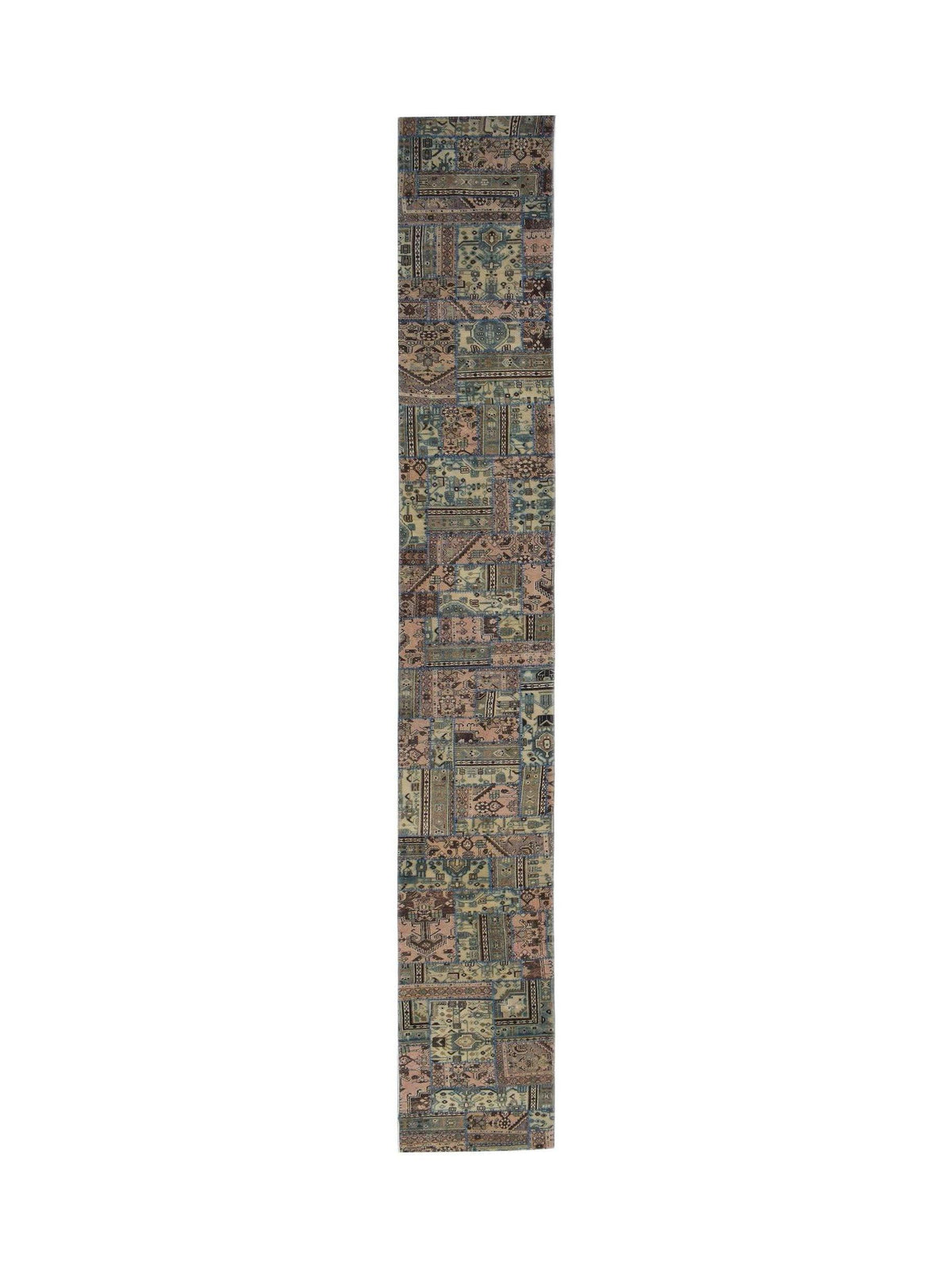 Hand-knotted vintage Persian patchwork runner in muted blue, pink, and cream tones with varied traditional rug patterns.