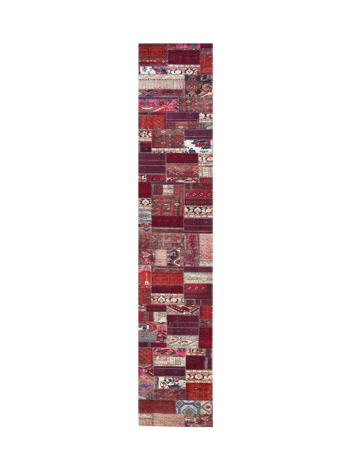 Hand-knotted vintage Persian patchwork runner in deep red tones with varied geometric and floral patterns.