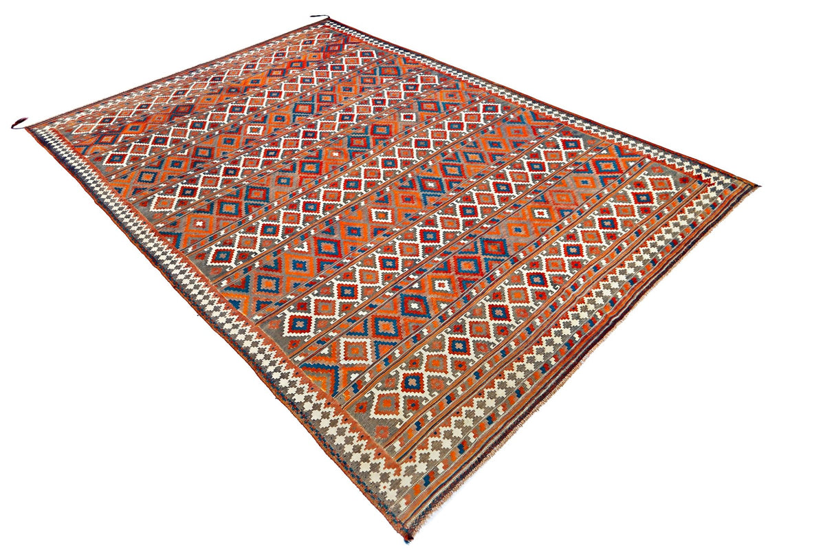 Vintage Persian Afshari kilim featuring a dense geometric diamond pattern in vibrant orange, blue, and cream tones.