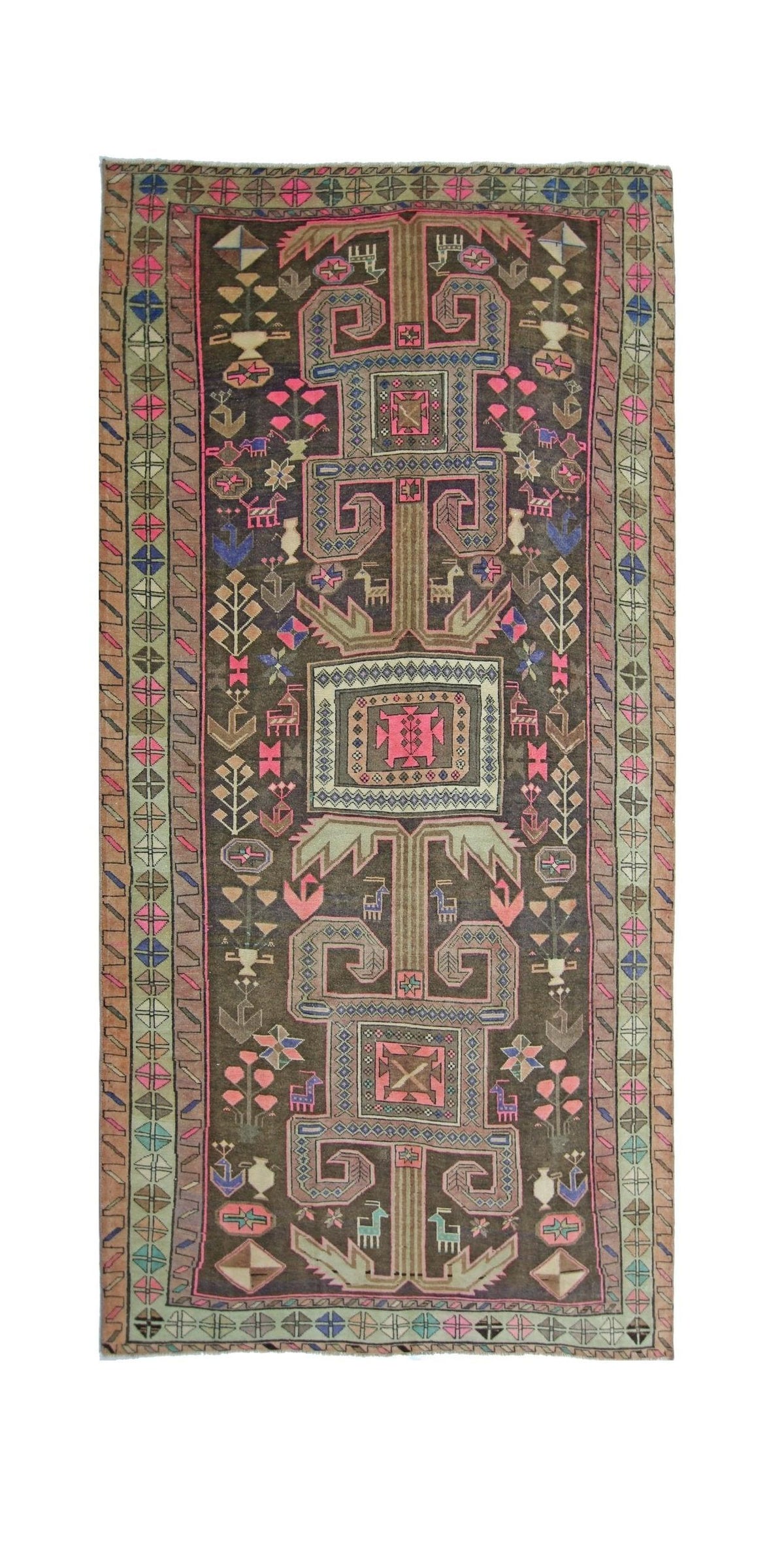 Vintage Persian Ardabil wool rug with a dark brown field, geometric medallions, and colourful animal and floral motifs.