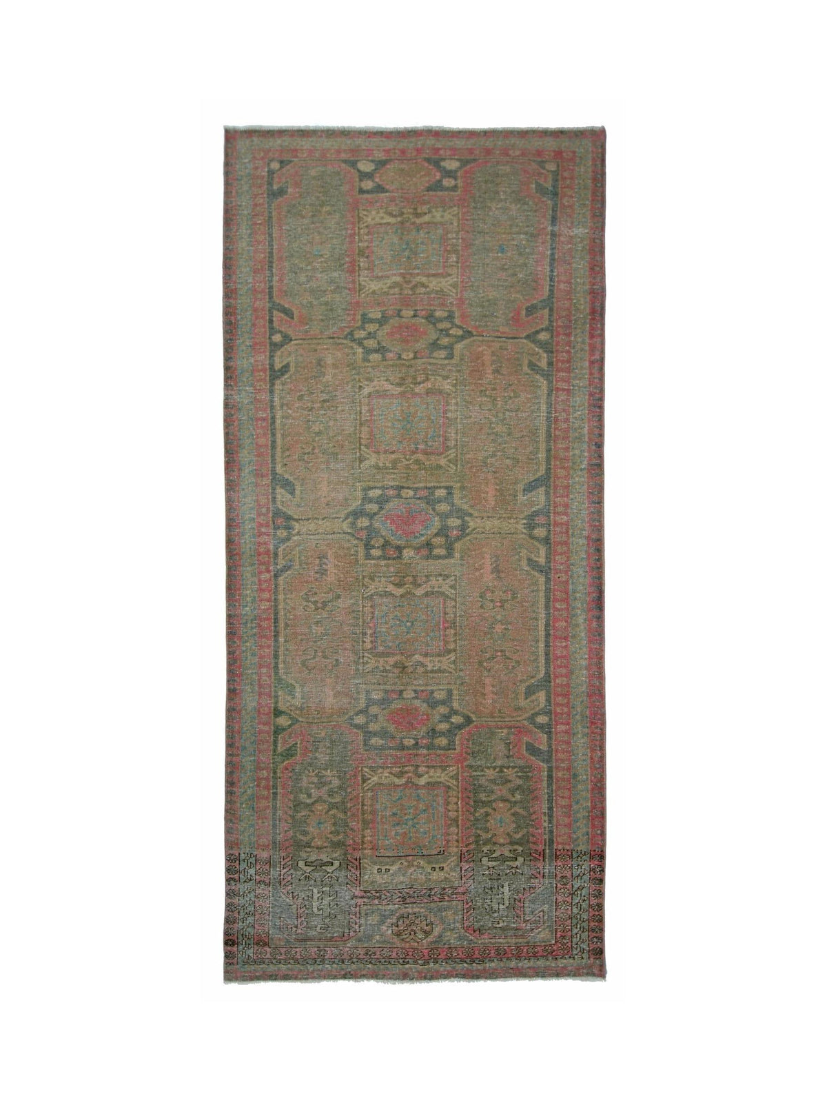 Vintage Persian Ardabil wool runner featuring geometric medallions in muted green, pink, and blue tones with a fringed edge.