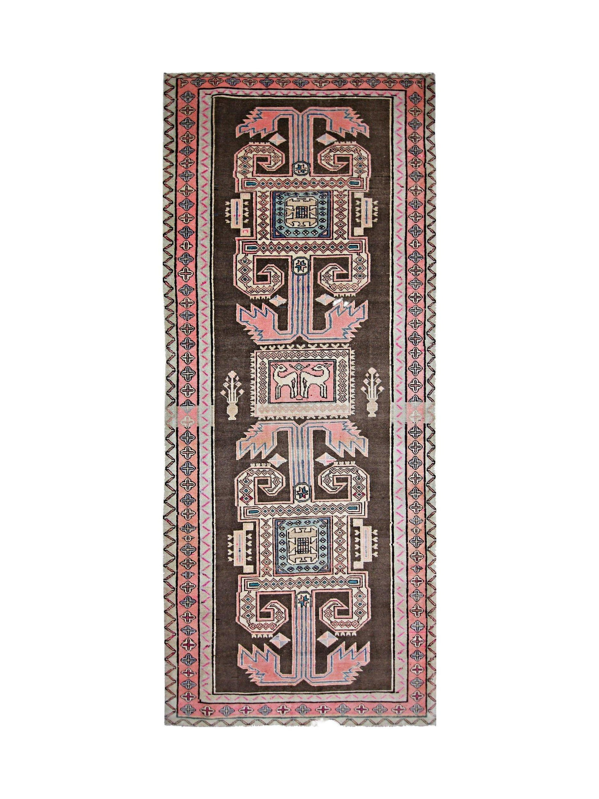 Vintage Persian Ardabil wool runner with a dark brown field, pink geometric borders, and intricate tribal motifs.