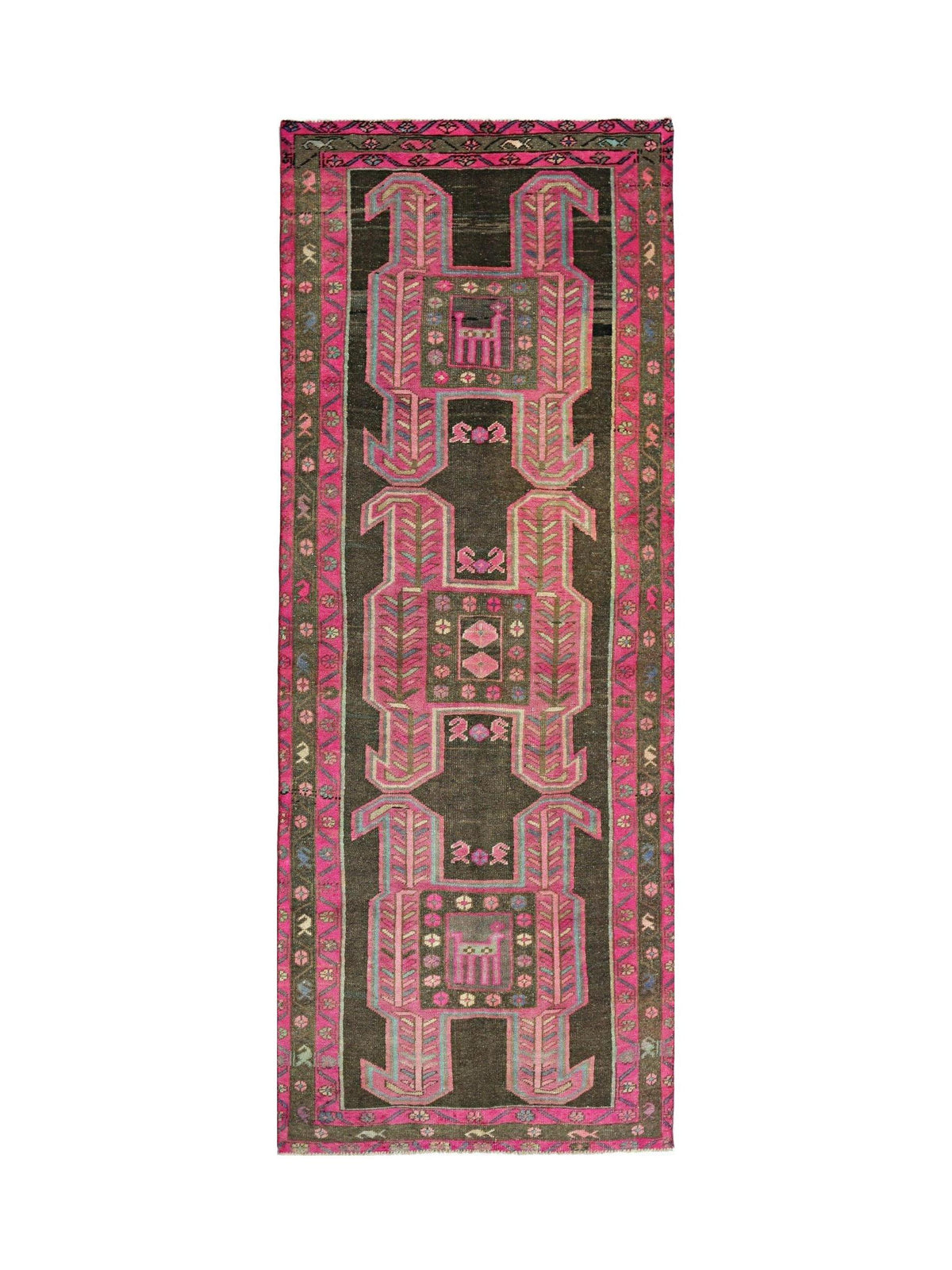 Vintage Ardabil wool runner featuring geometric pink and blue motifs on a dark brown field with a vibrant pink border.
