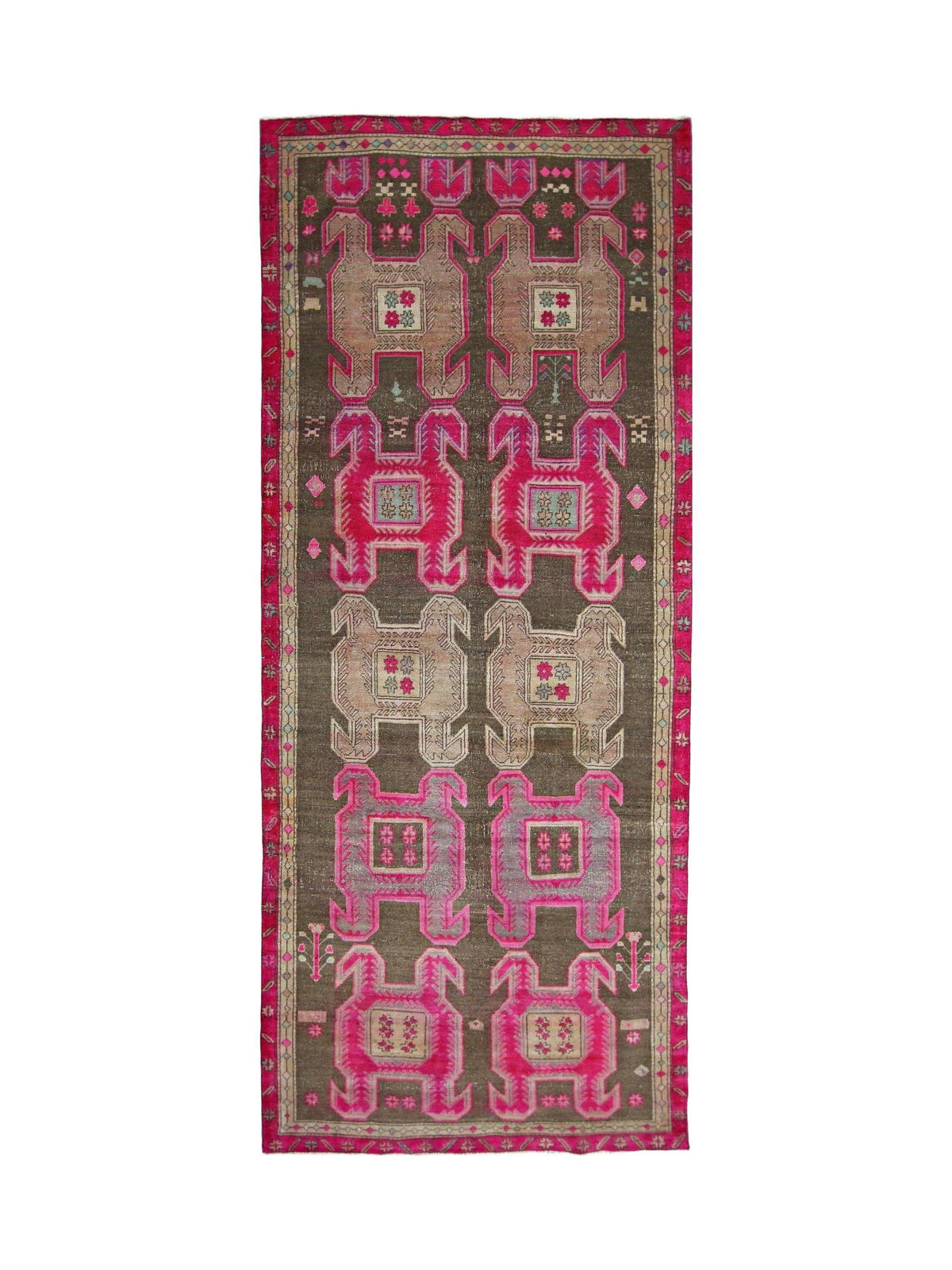 Vintage Ardabil wool runner featuring geometric motifs in vibrant pink and earthy brown with a decorative border.