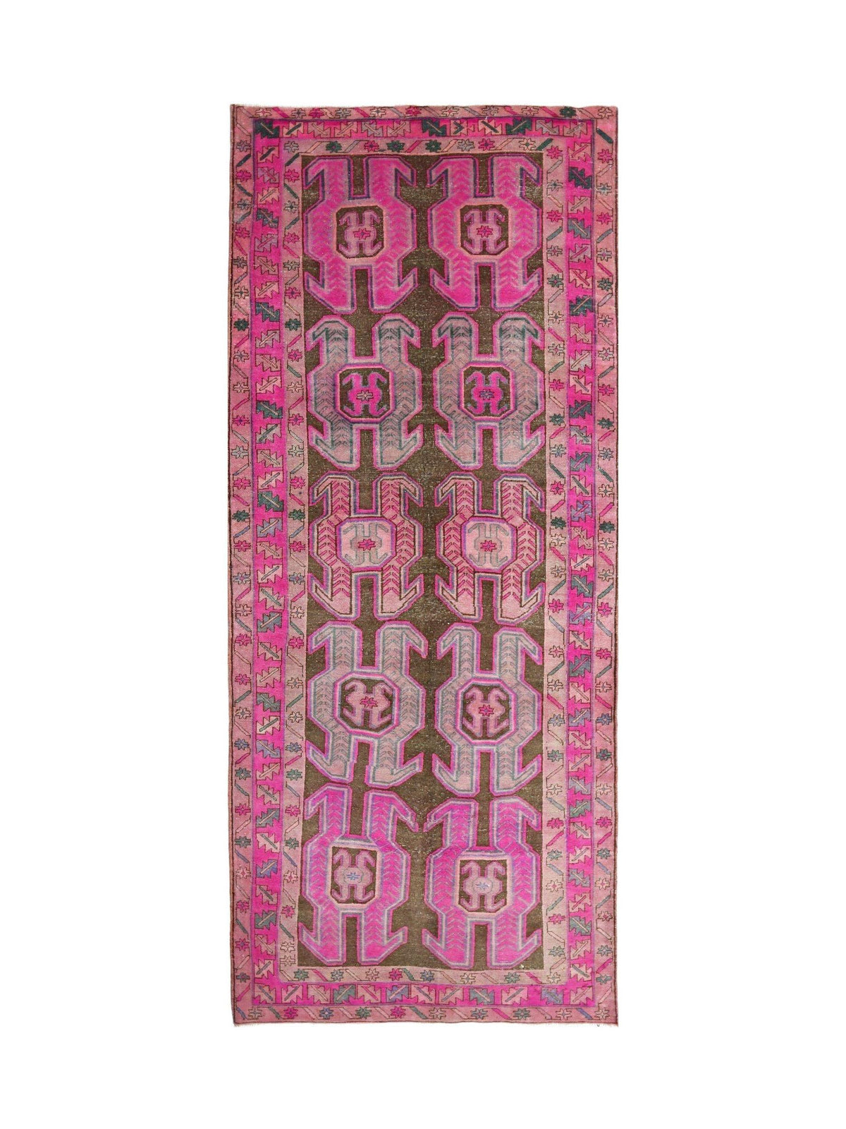 Vintage Persian Ardabil wool runner featuring geometric pink and brown motifs with a decorative patterned border.