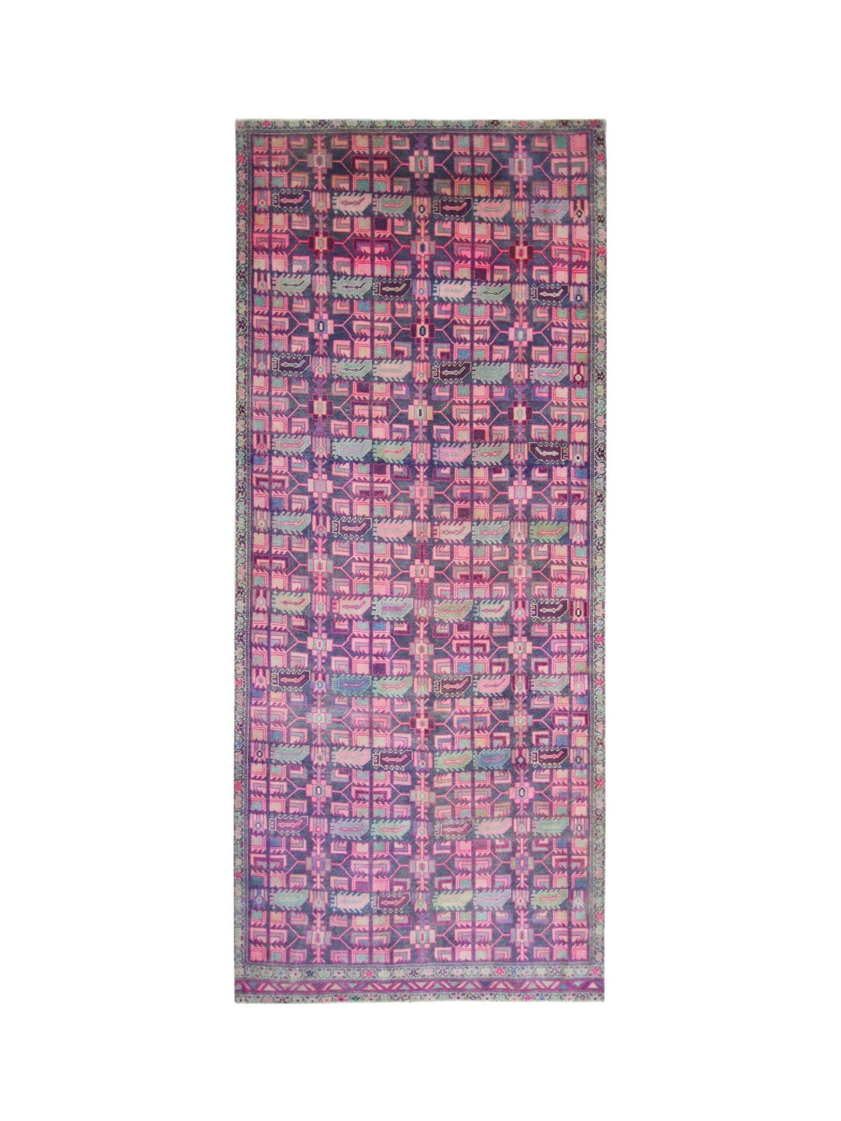 Vintage Persian Ardabil wool runner featuring a geometric grid pattern in vibrant pink, purple, and teal tones.