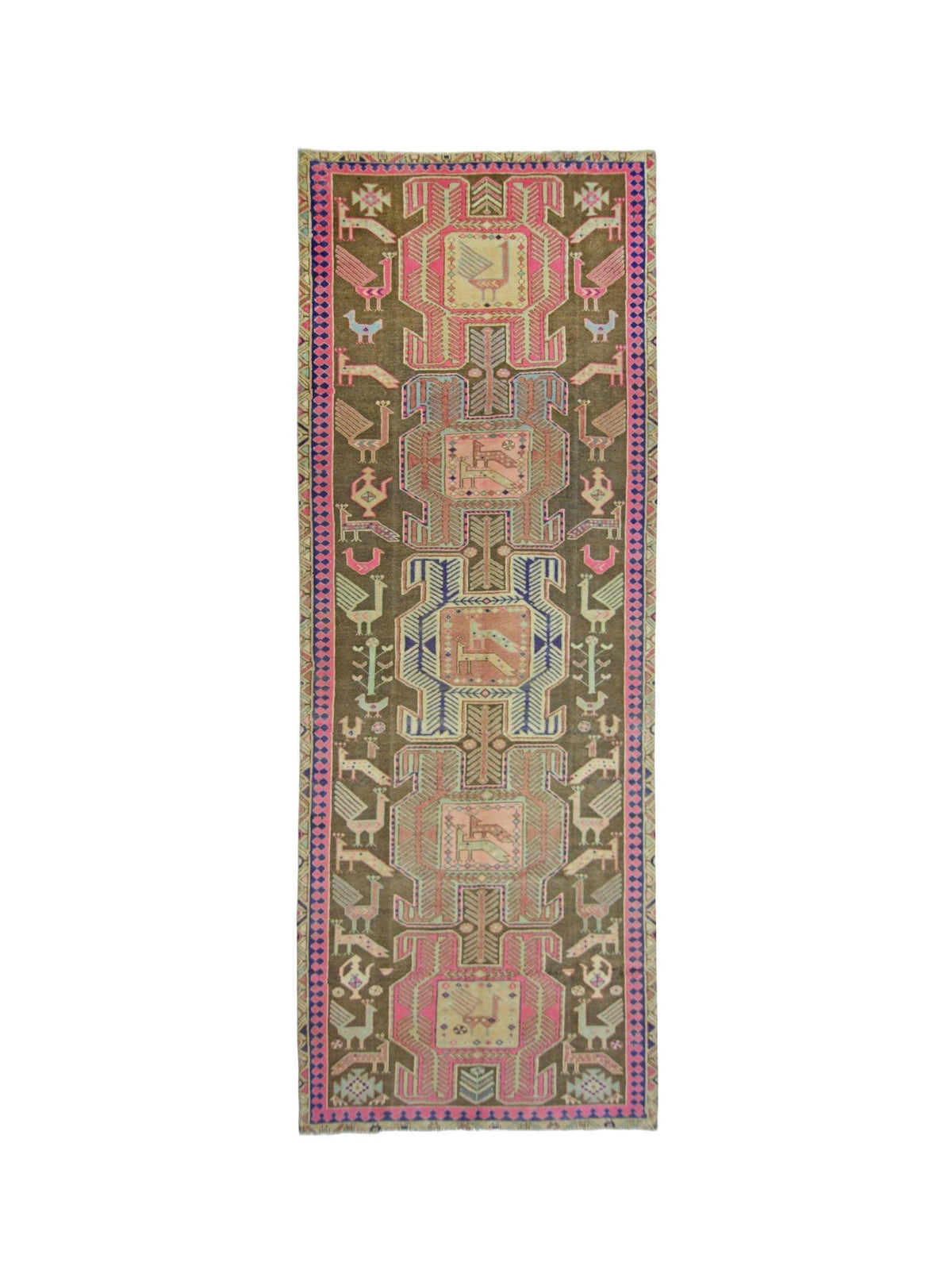 A vintage Persian Ardabil runner featuring a brown field with colorful bird and geometric motifs.