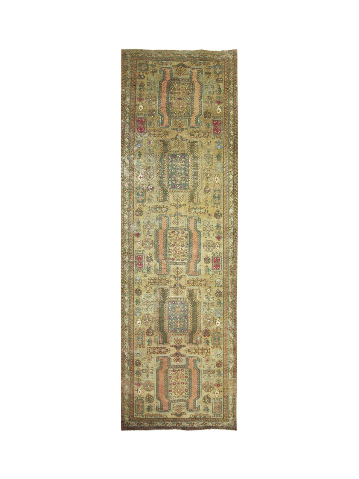 Vintage Ardabil wool runner featuring a repeating geometric pattern in muted olive, terracotta, and blue tones.