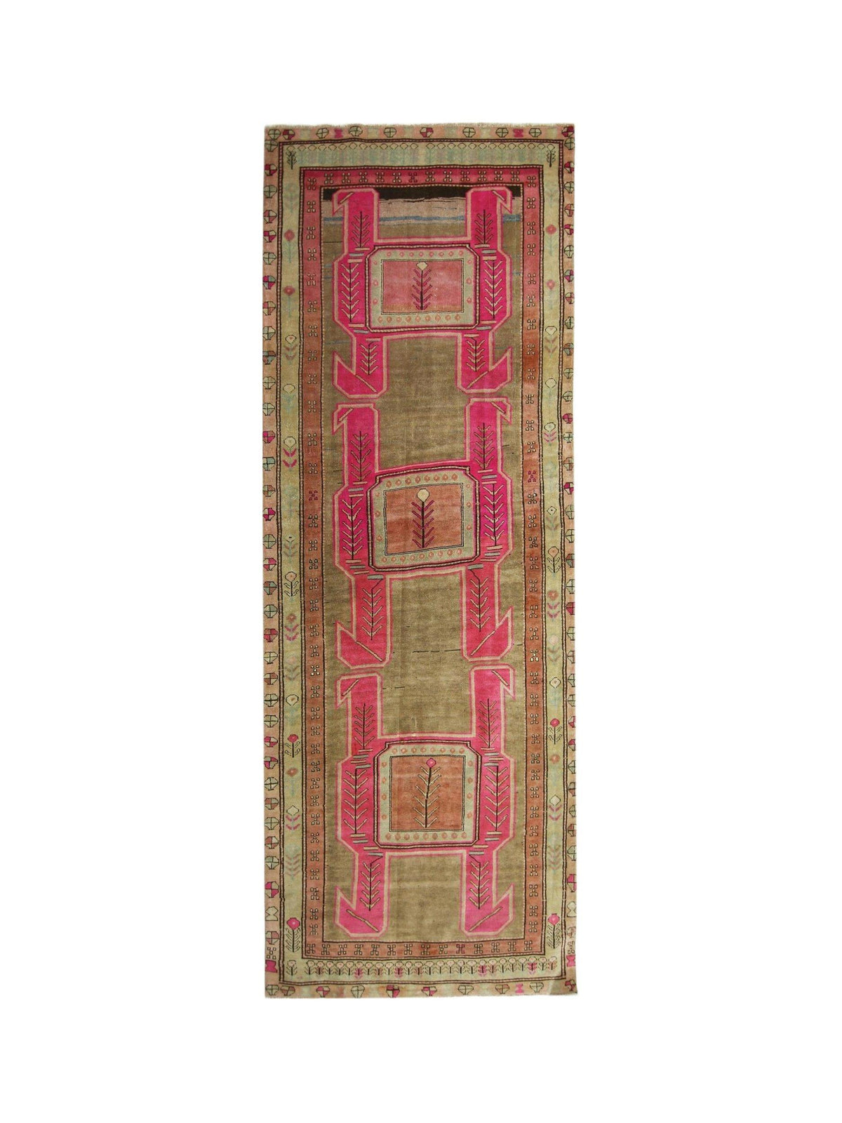 Vintage Persian Ardabil wool runner featuring a geometric pink and olive green pattern with a decorative border.