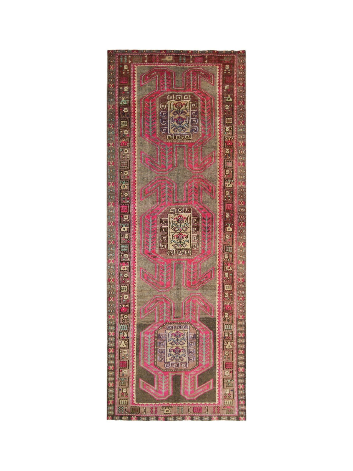 Vintage Persian Ardabil wool runner featuring geometric pink motifs and intricate tribal patterns on a muted brown field.