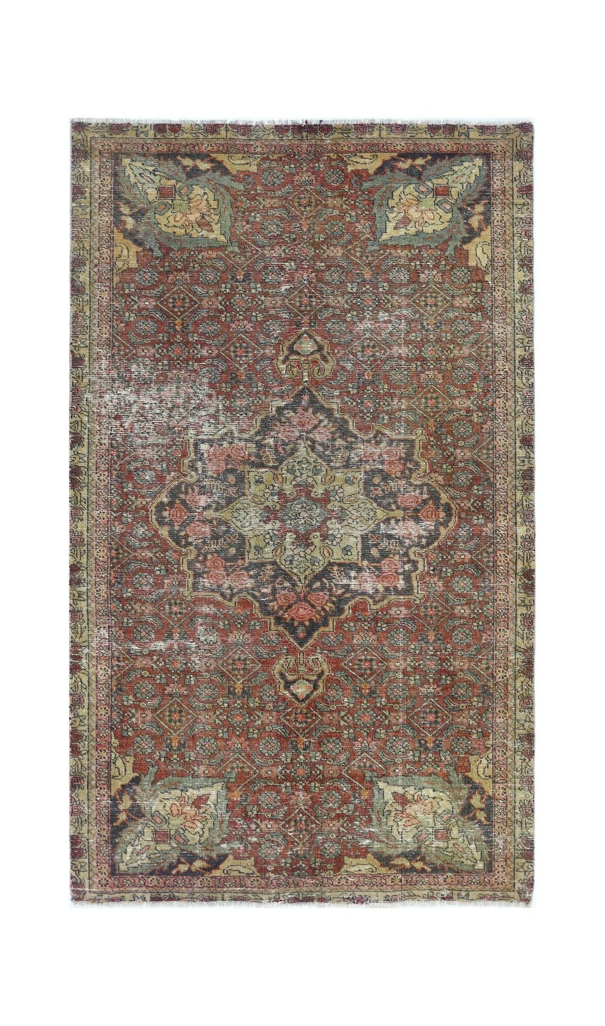 A vintage handmade Persian Bakhtiari rug featuring a central medallion on a red patterned field.