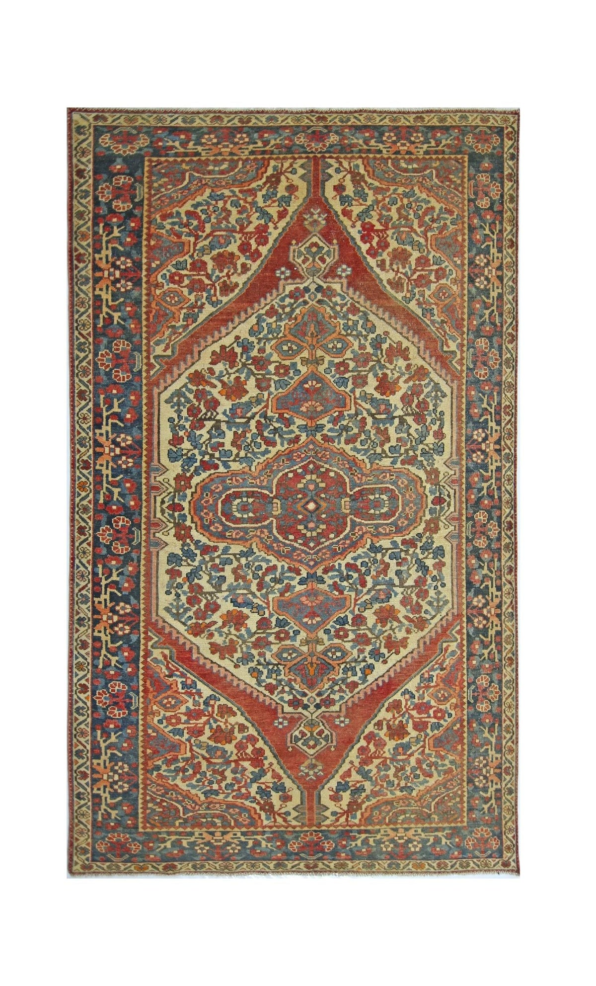 Vintage Persian Bakhtiari rug featuring a central medallion and intricate floral garden motifs in red, blue, and cream.