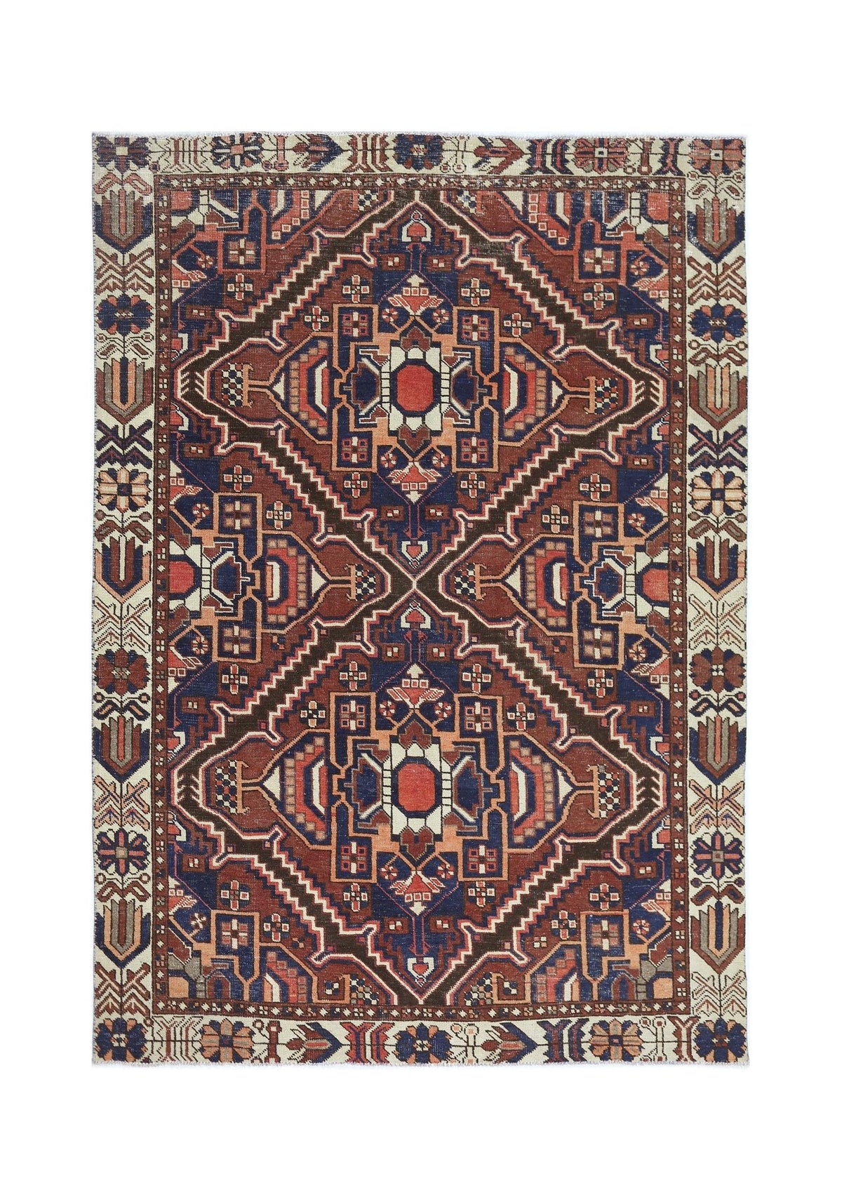 Vintage Persian Bakhtiari rug featuring a geometric Khesti garden panel pattern in deep red, navy blue, and cream tones.