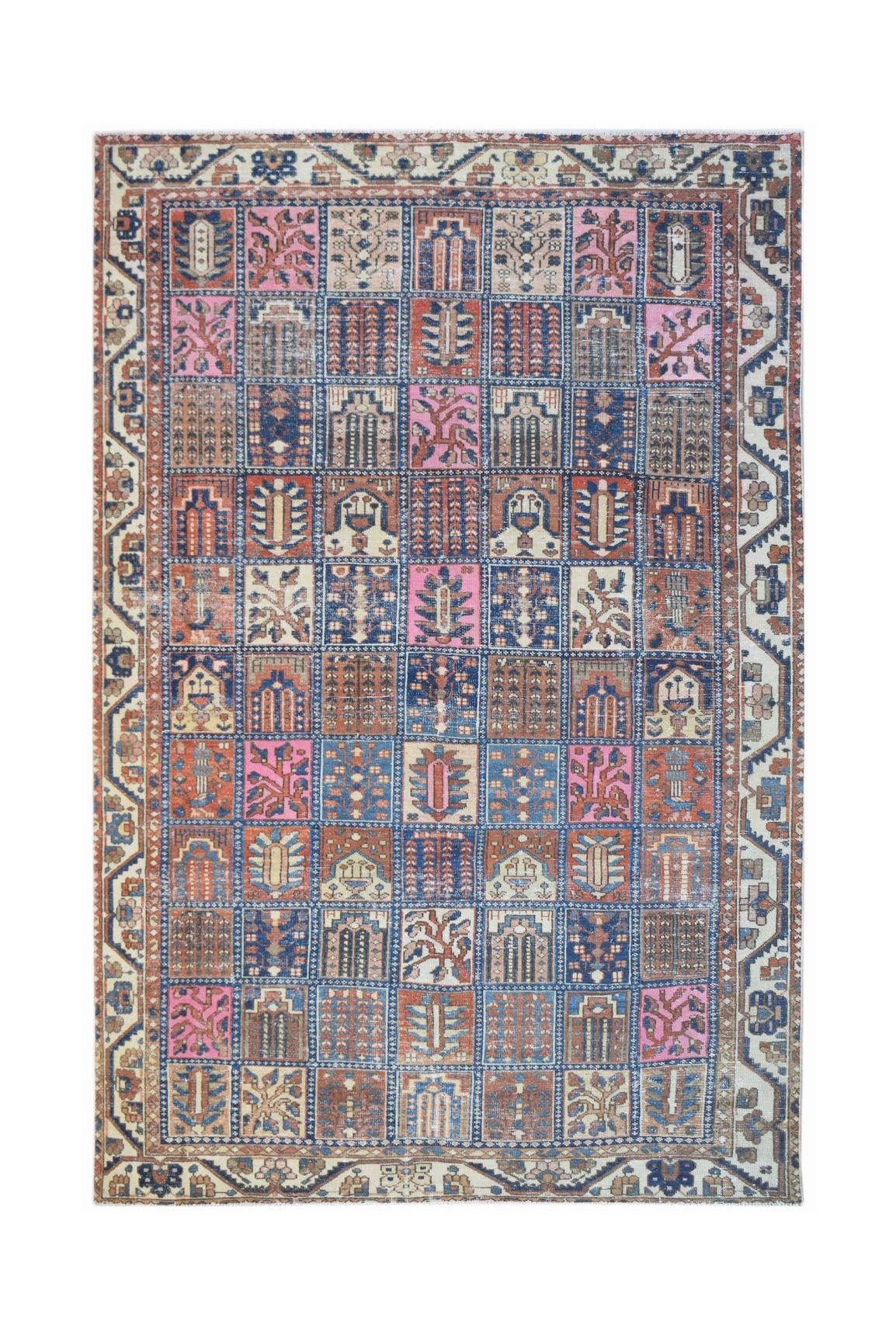 Vintage Persian Bakhtiari rug featuring a multi-colored geometric garden panel design.
