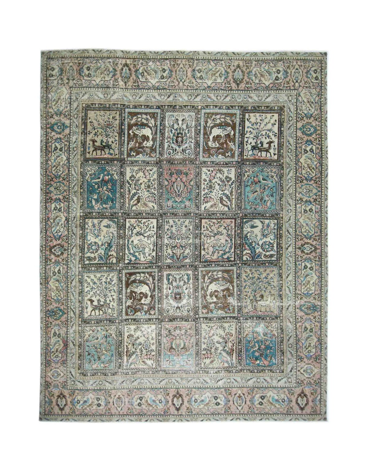 Vintage Persian Bakhtiari rug featuring a Khesti garden panel design in muted blue, pink, and brown tones.