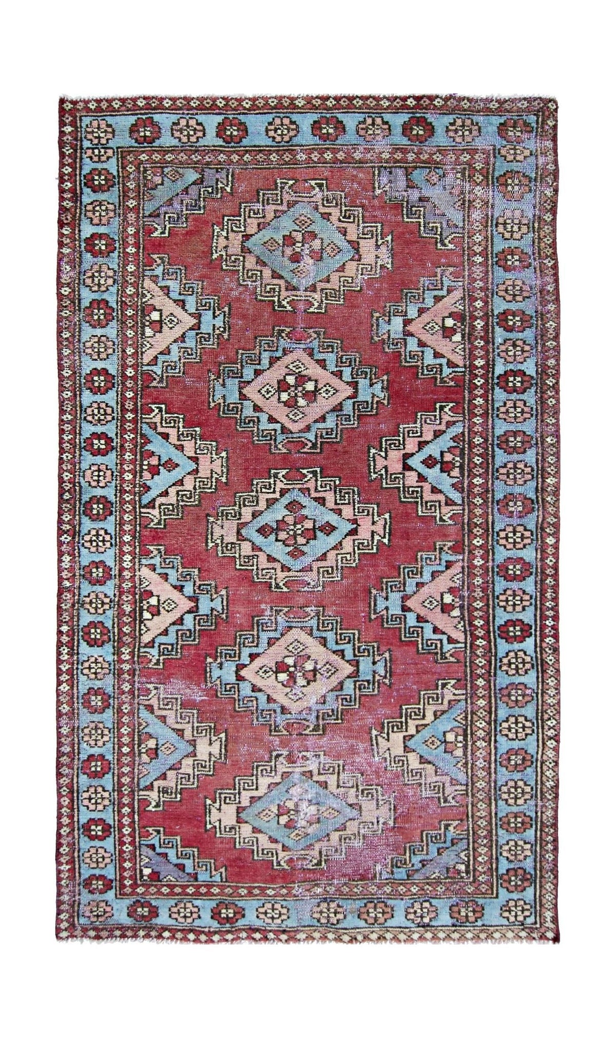 Hand-knotted vintage Hamadan rug with a red field, blue diamond medallions, and intricate floral borders.