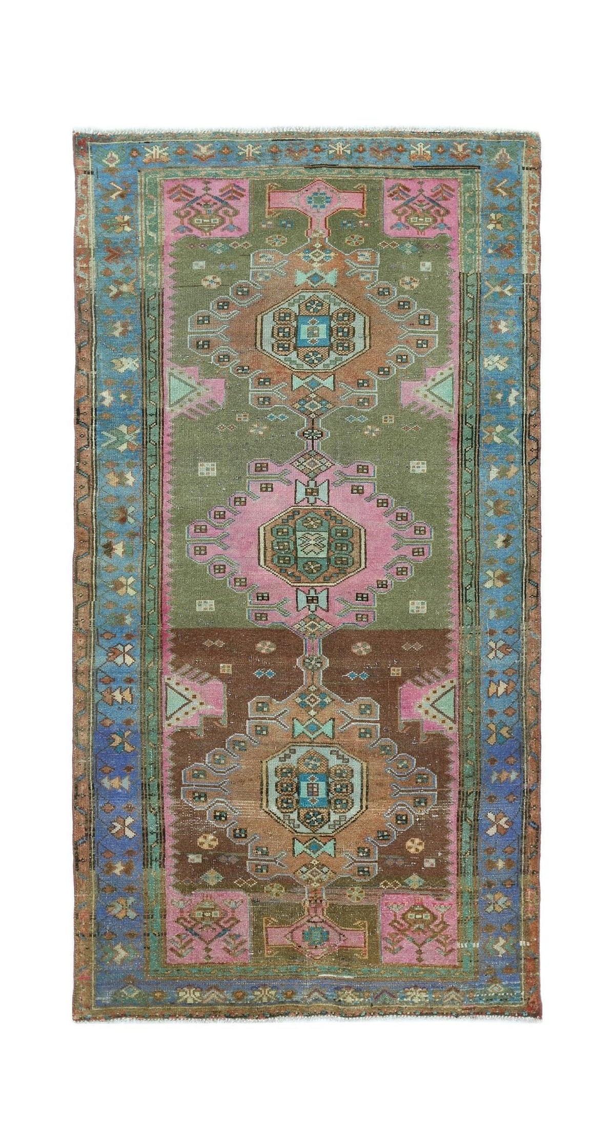 A vintage handmade Persian Hamadan rug featuring geometric medallions in olive, brown, and pink.