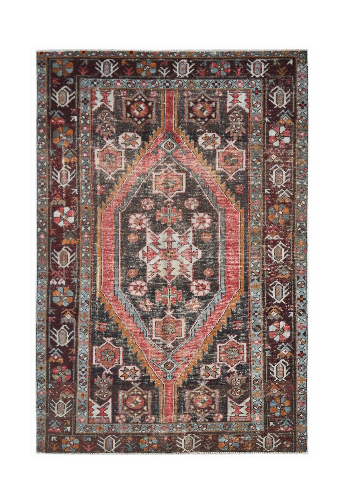 Hand-knotted vintage Hamadan rug featuring a central diamond medallion with intricate floral motifs in deep red, charcoal, and blue.